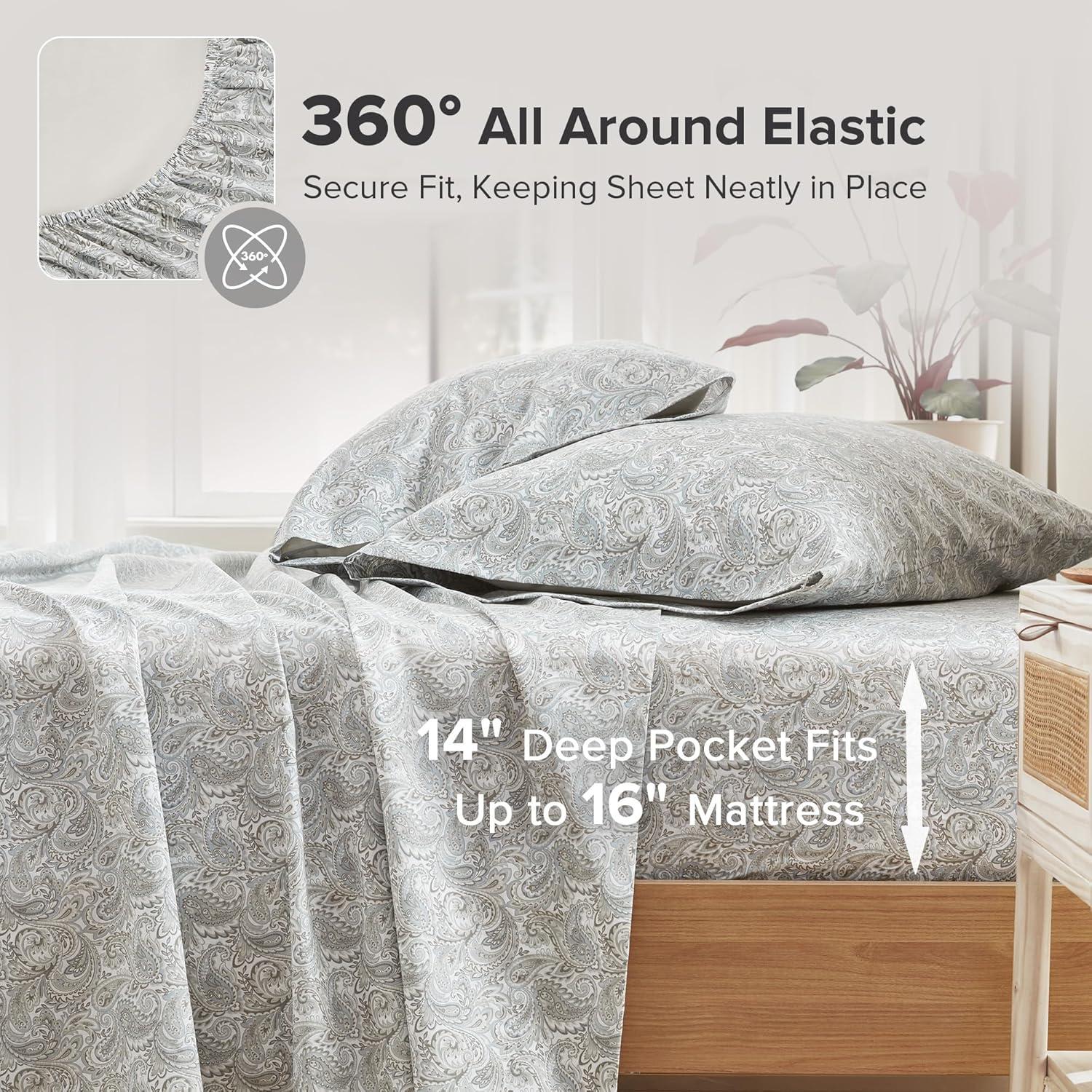 Comfort Spaces 100% Cotton King Sheet Set4-Pieces Gray Paisley Lightweight Breathable All Season Cozy Sheet Set