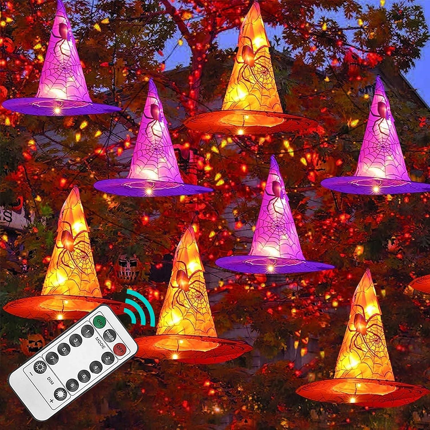FUNPENY Halloween Decoration Lights, 8 PCS Waterproof Hanging Witch Hat with String Lights with Remote, Hanging Halloween Decorations for Indoor Outdoor Garden Yard Party Decor