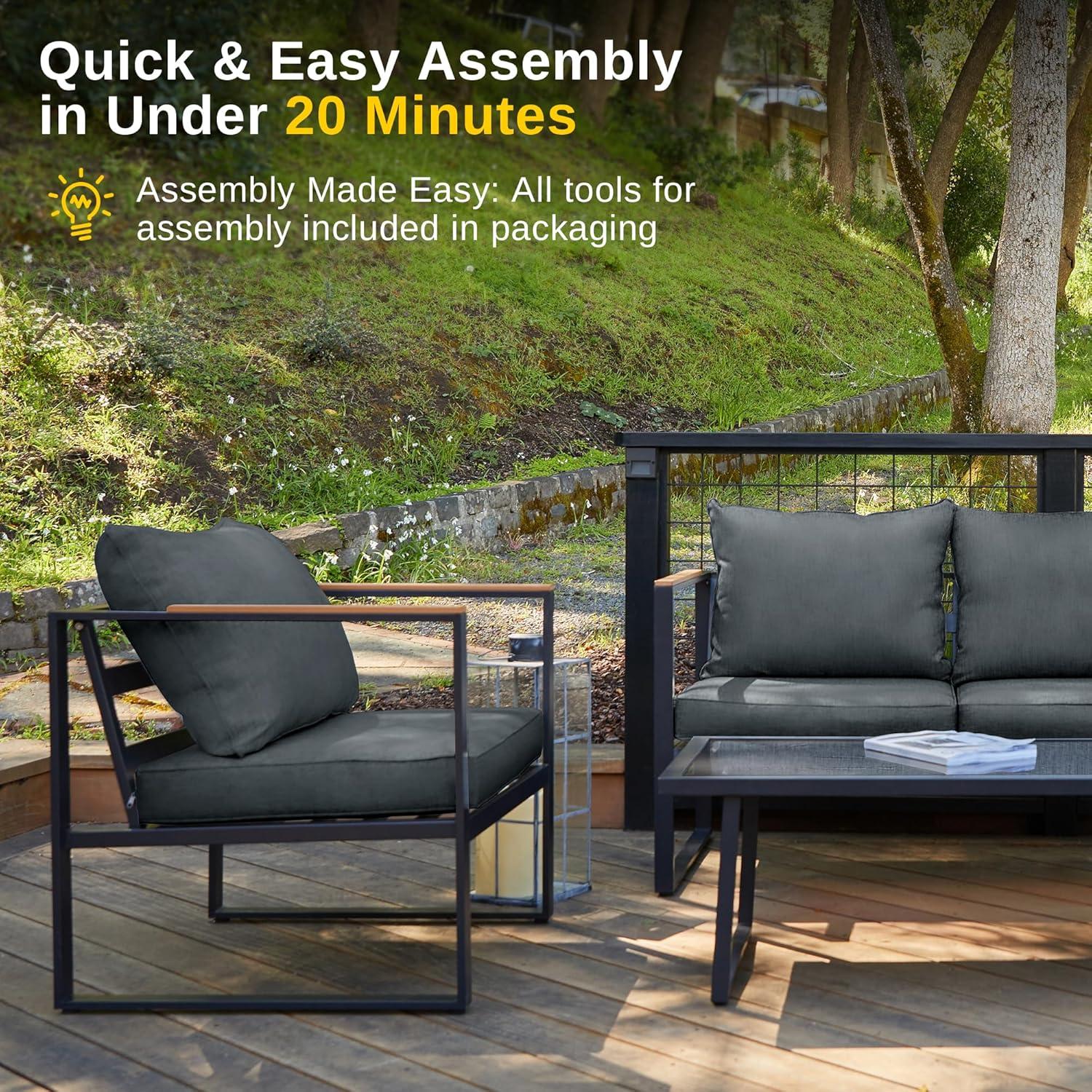 Modern Black and Dark Grey 4-Piece Patio Furniture Set with Tempered Glass Table