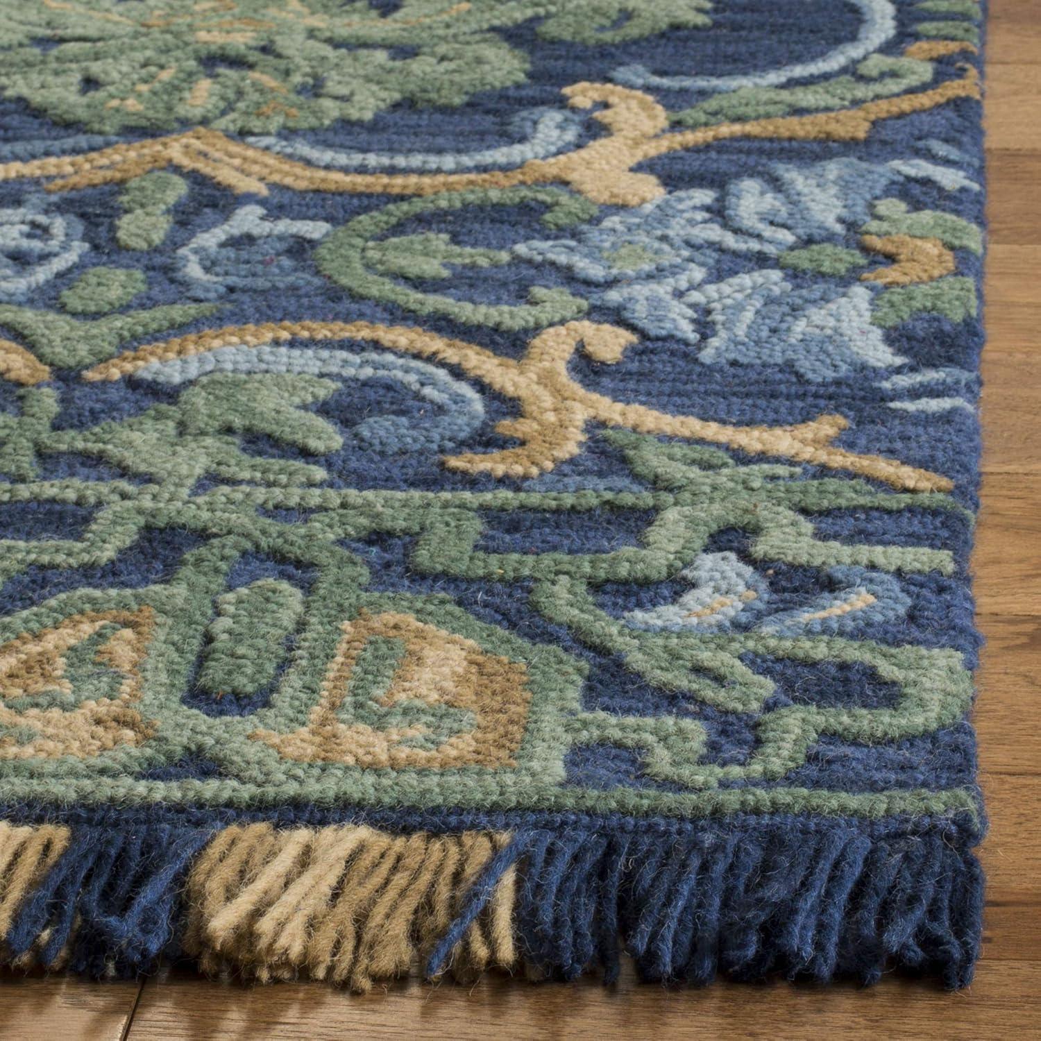 Handmade Navy and Green Square Tufted Wool Area Rug - 6' x 6'