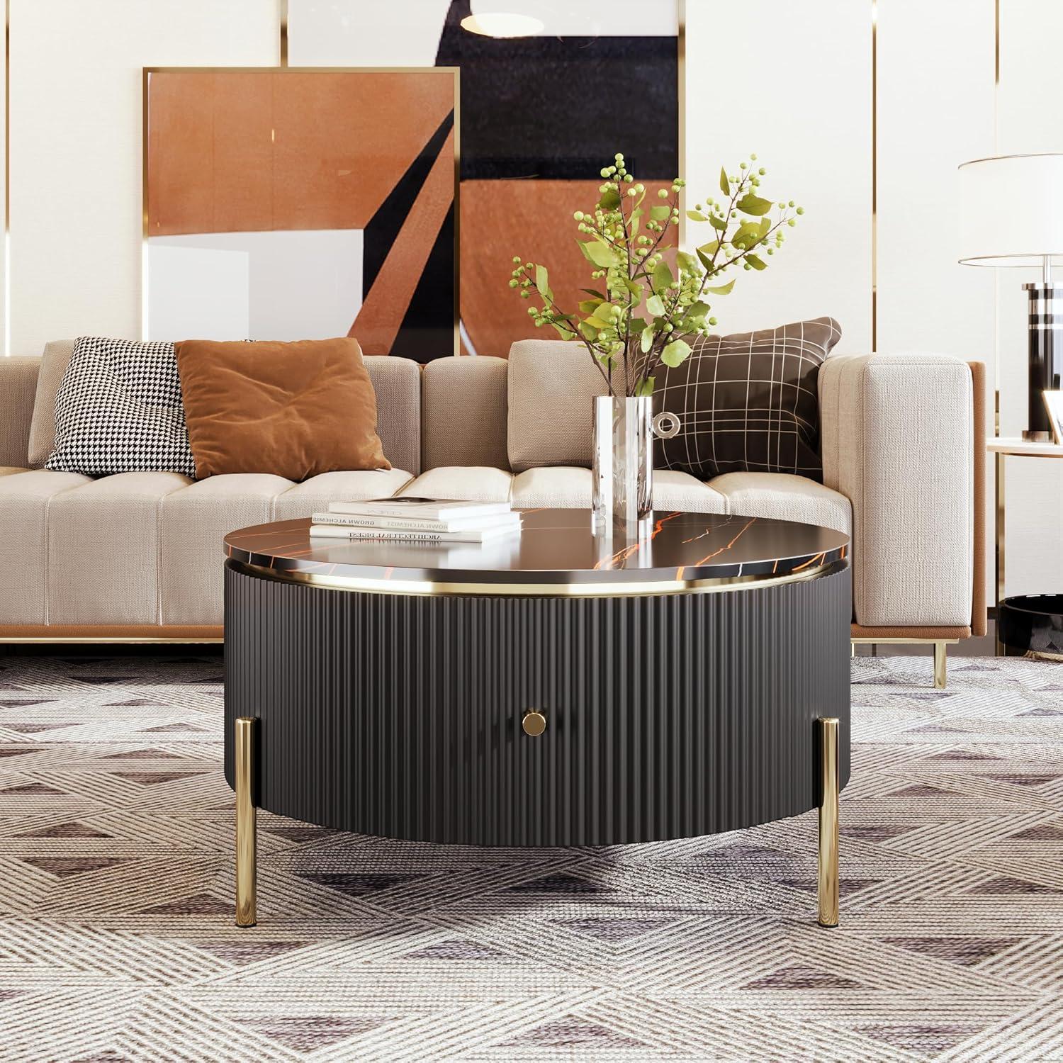 Black Round Coffee Table with Gold Legs and Storage Drawers