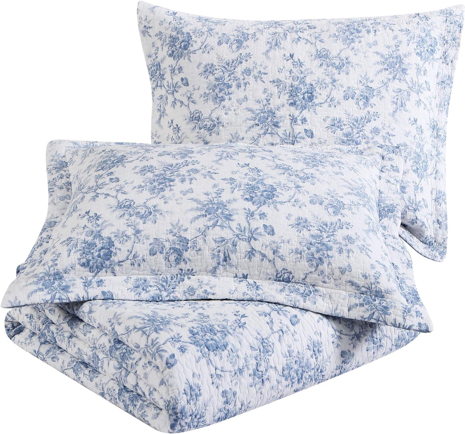 Blue Floral Cotton Reversible Full Quilt Set