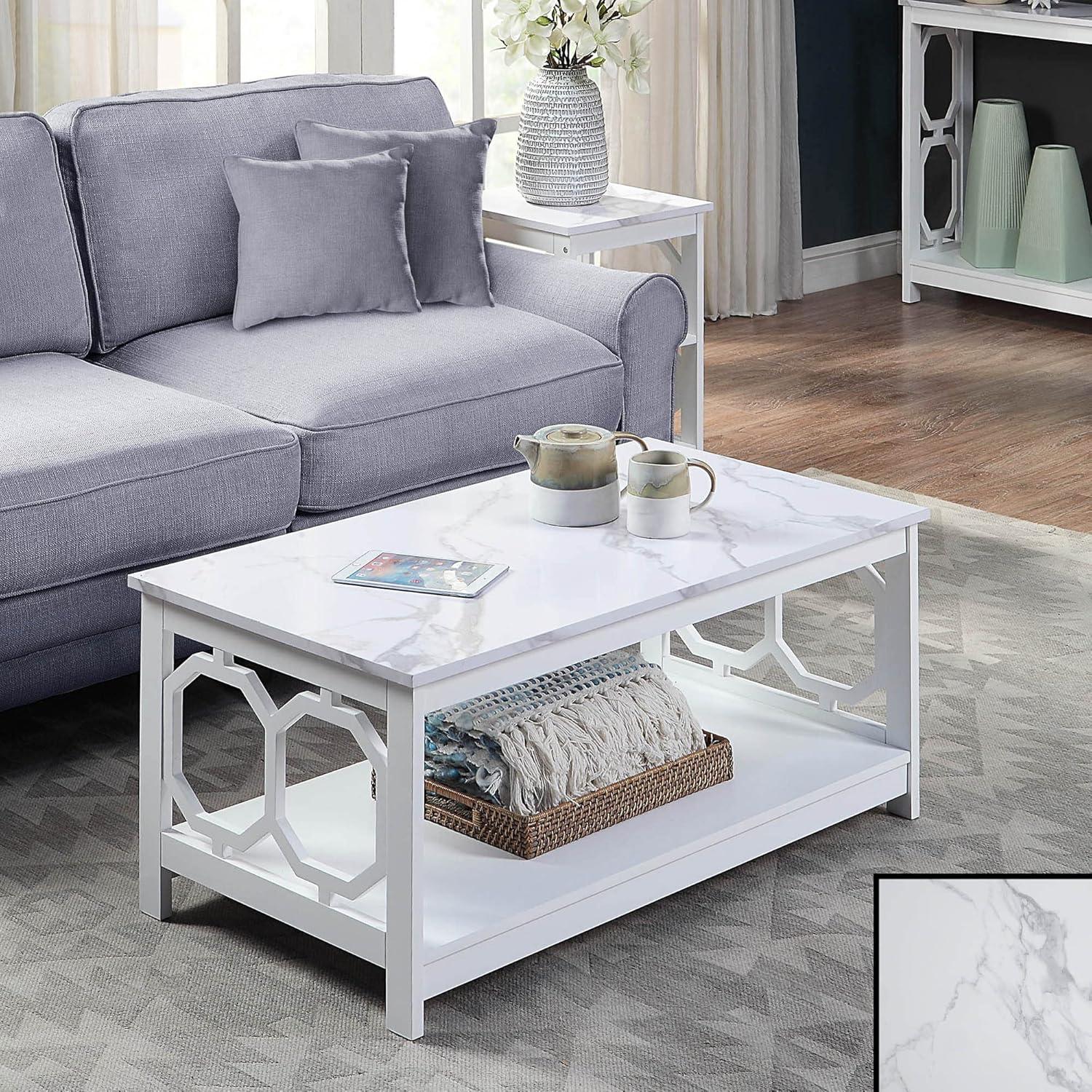 Convenience Concepts Omega Coffee Table with Shelf, White Faux Marble/White