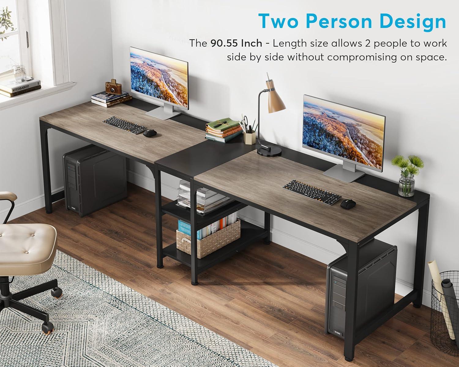 LITTLE TREE 90.55" Double Desk with Storage Shelf Gray/Black