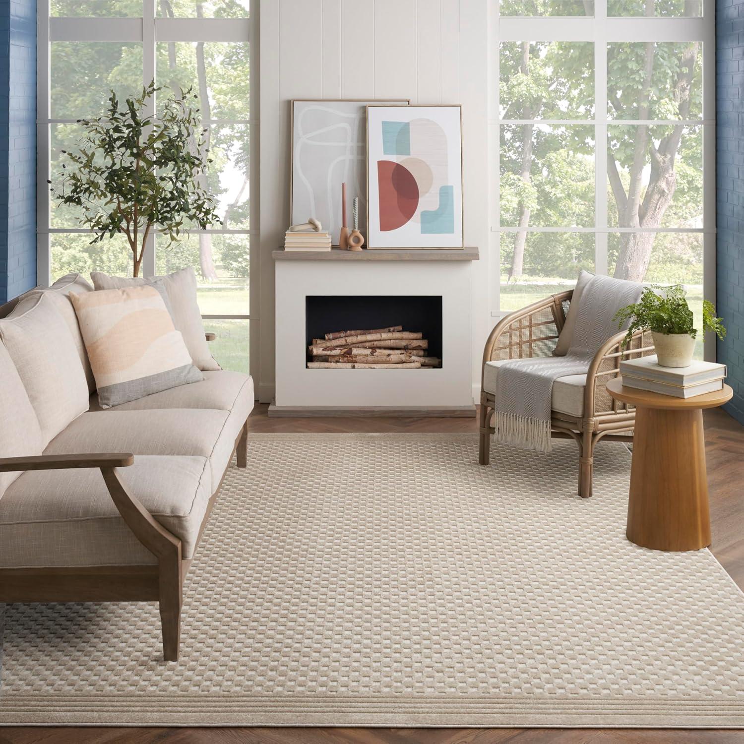 Beige Geometric 8' x 10' Synthetic Area Rug