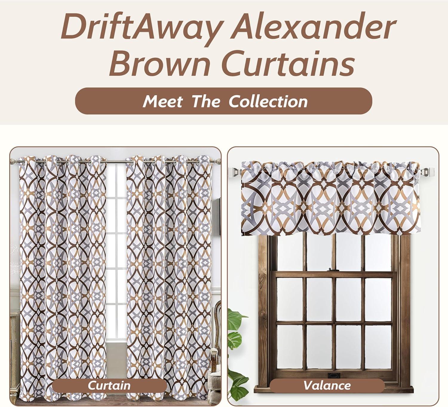 DriftAway Alexander Spiral Geo Trellis Pattern Window Curtain Valance Rod Pocket 52" x 18" Plus 2" Header, Brown, 1 Pack