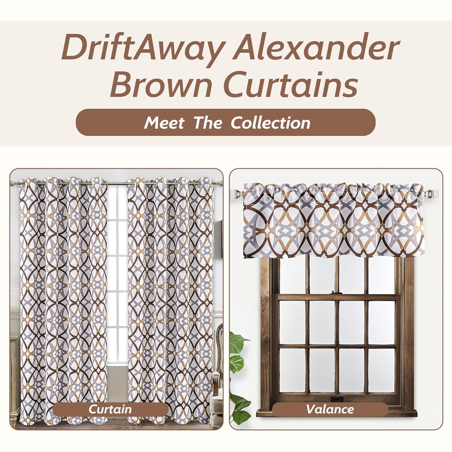 DriftAway Alexander Spiral Geo Trellis Pattern Window Curtain Valance Rod Pocket 52" x 18" Plus 2" Header, Brown, 1 Pack