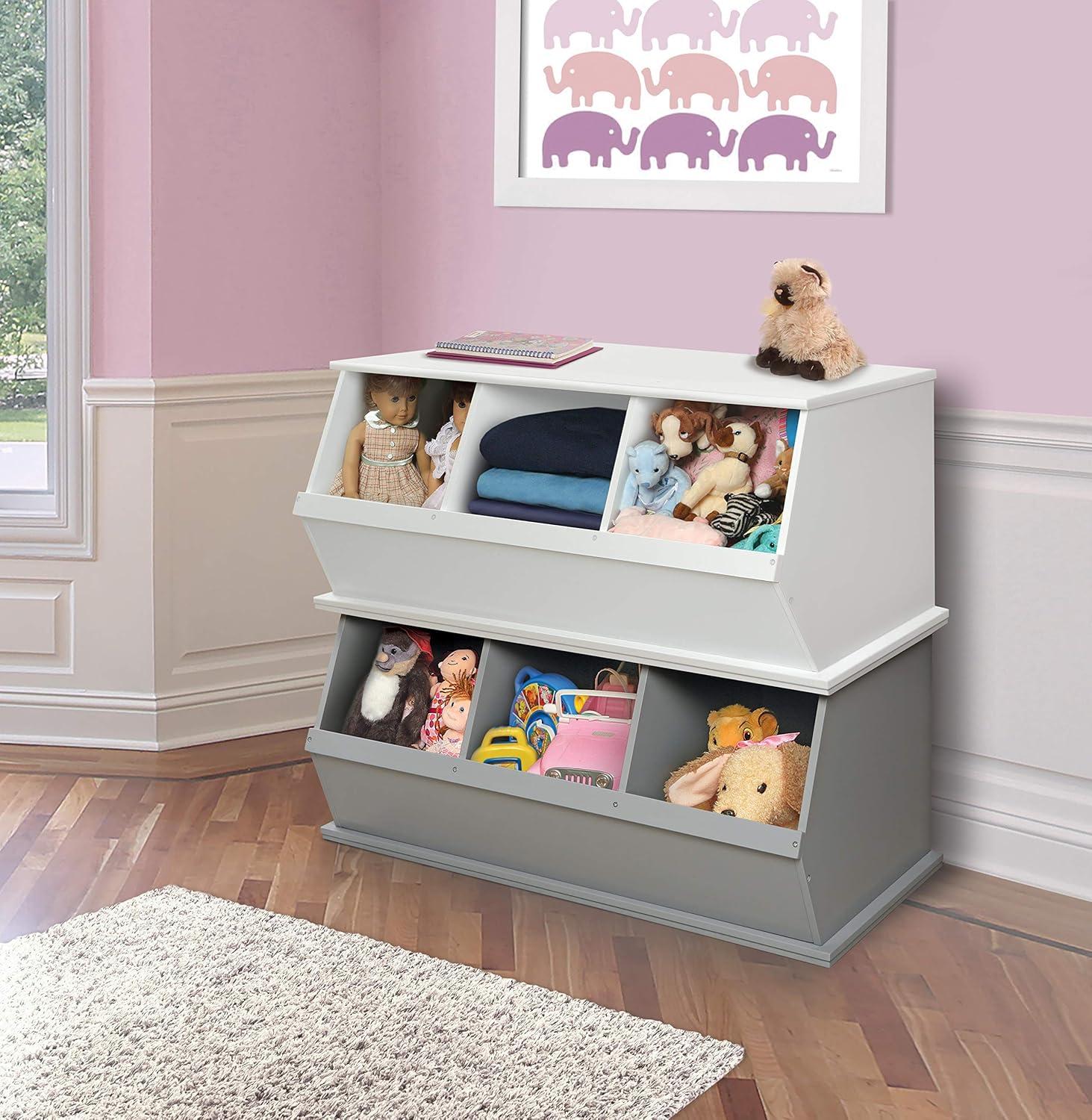 White MDF Three Bin Stackable Toy Storage Cubby