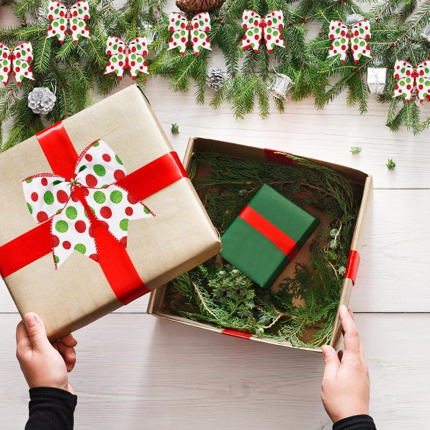Sandistore Cute Cars 12pcs Christmas Tree Bows Ornaments 6 Inch Large Christmas Wreath Bows Red Green Xmas Tree Bows Christmas Glitter Dot Bows Ribbons Decoration For Garland Diamonds for Crafts