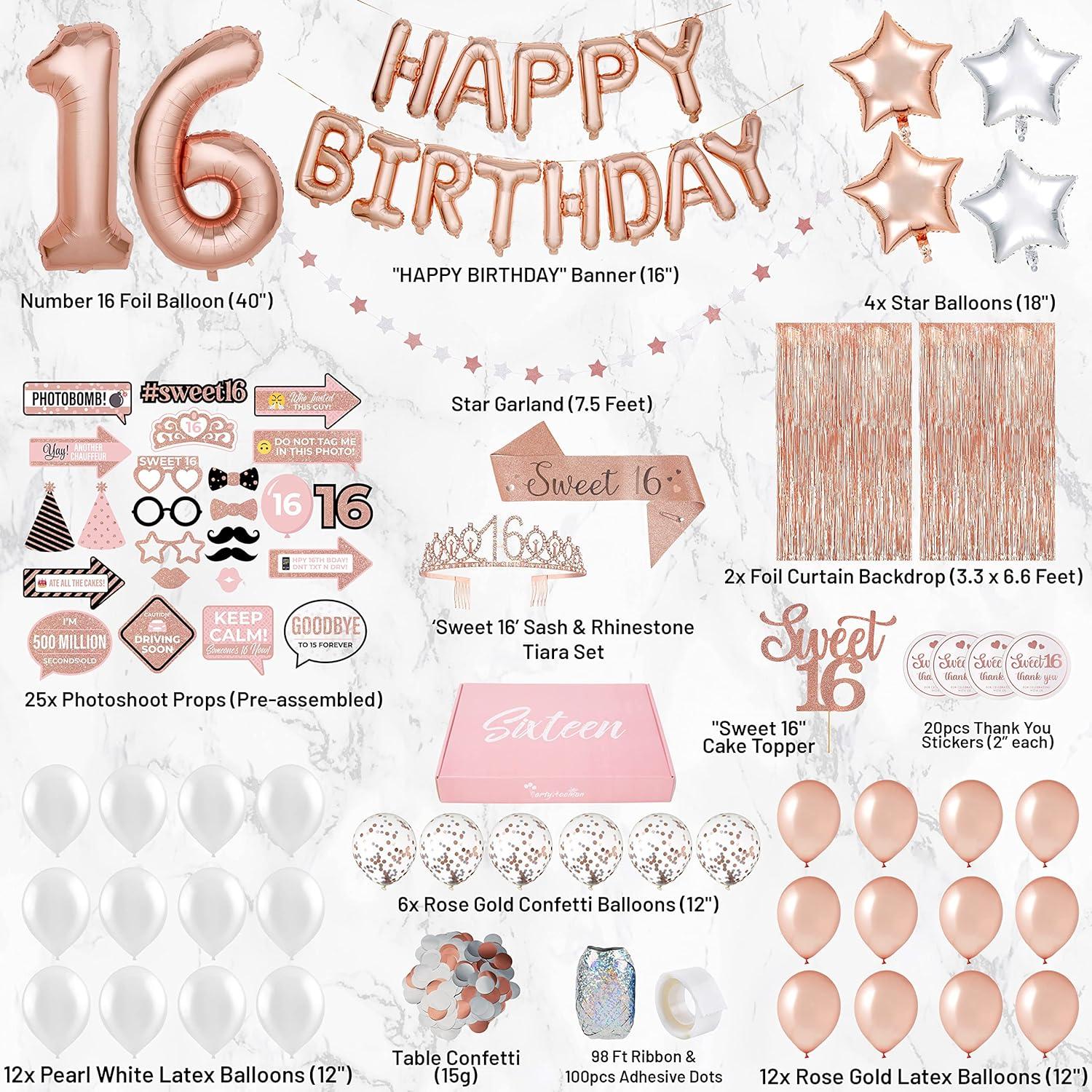 PartyHooman Sweet 16 Birthday Decorations Rose Gold With Sweet 16 Sash and Tiara Set, 2Pcs Backdrop, 25Pcs Pre-assembled Photo Booth Props, Balloons, Cake Topper | 16th birthday decorations for girls