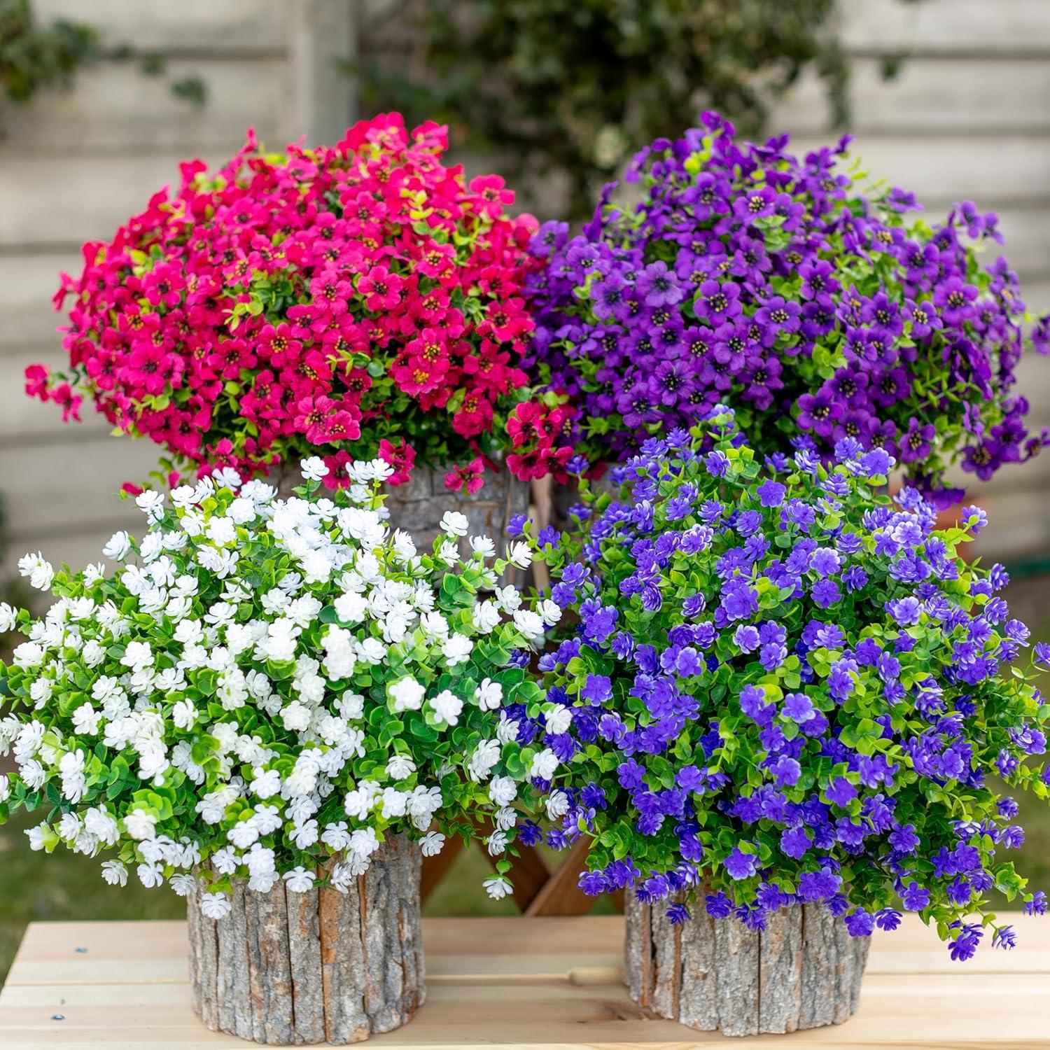 Artificial Flowers for Outdoors Fake Plants - 16 Bundles Faux Outside Greenery Boxwood No Fade Plastic Shrubs Fall Decor Farmhouse Home Garden Thanksgiving Mums (Red)