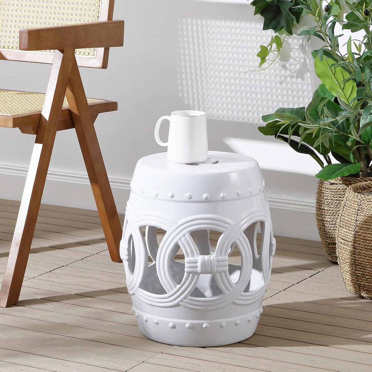 Lucky Coins 16" Eastern-Inspired Ceramic Drum Garden Stool, White - JONATHAN Y