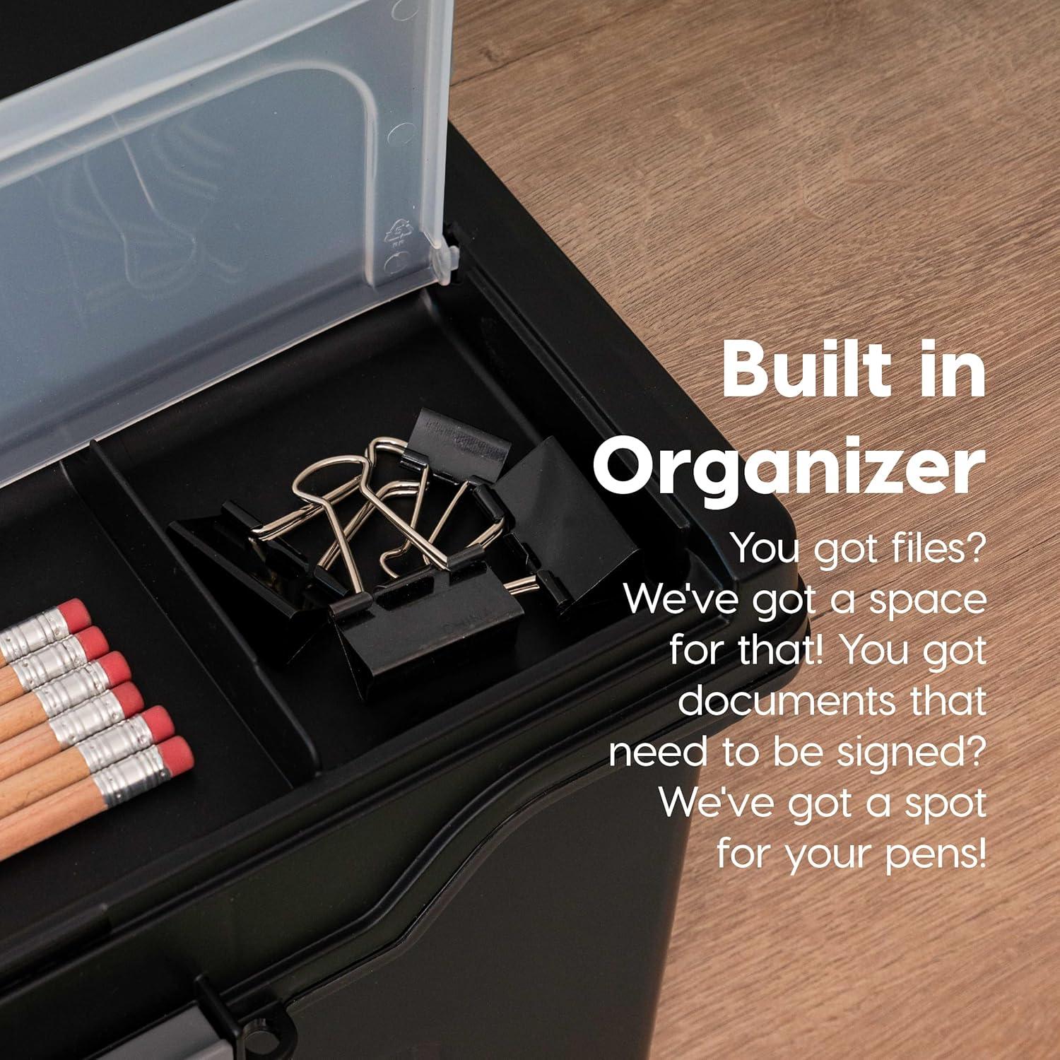 IRIS USA File Box Portable File Organizer Plastic File Box for Letter File w/ Organizer-Lid, Black 4 Pack