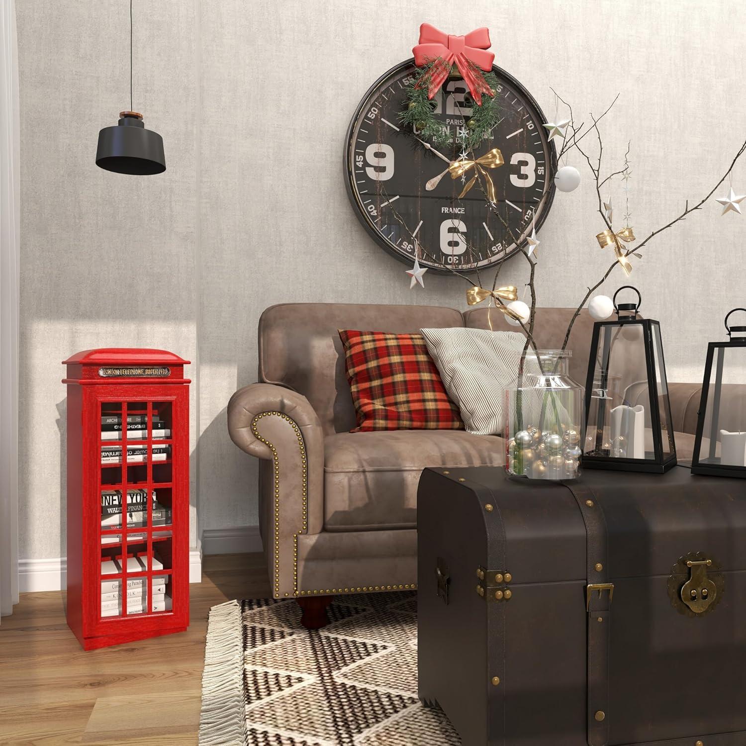 DecMode 11" x 30" Red Wooden London Telephone Booth 2 Shelf Storage Unit, 1-Piece