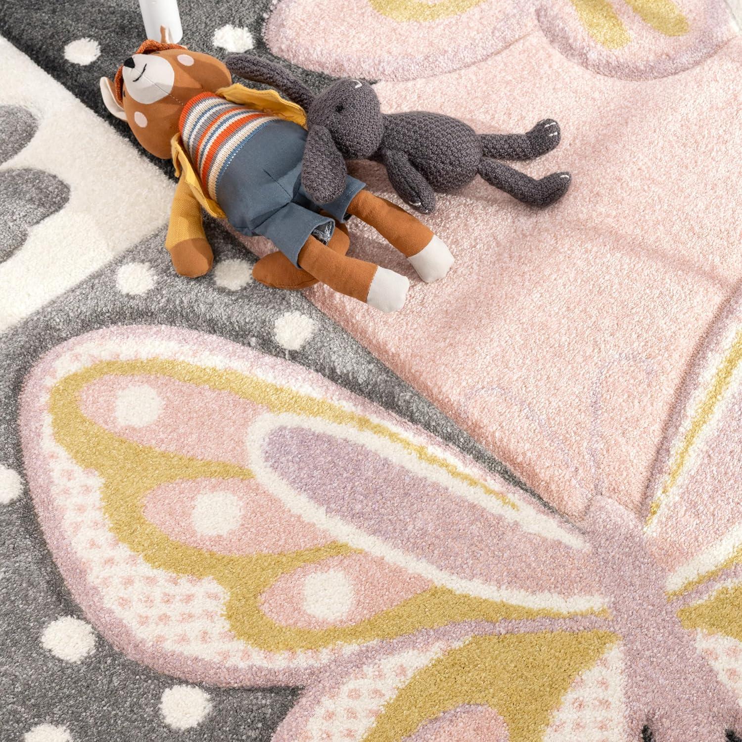 Kids Room Rug Pastel Colors Butterflies Check Pattern Spots Flowers Colourful, Size:2'8" x 4'11"