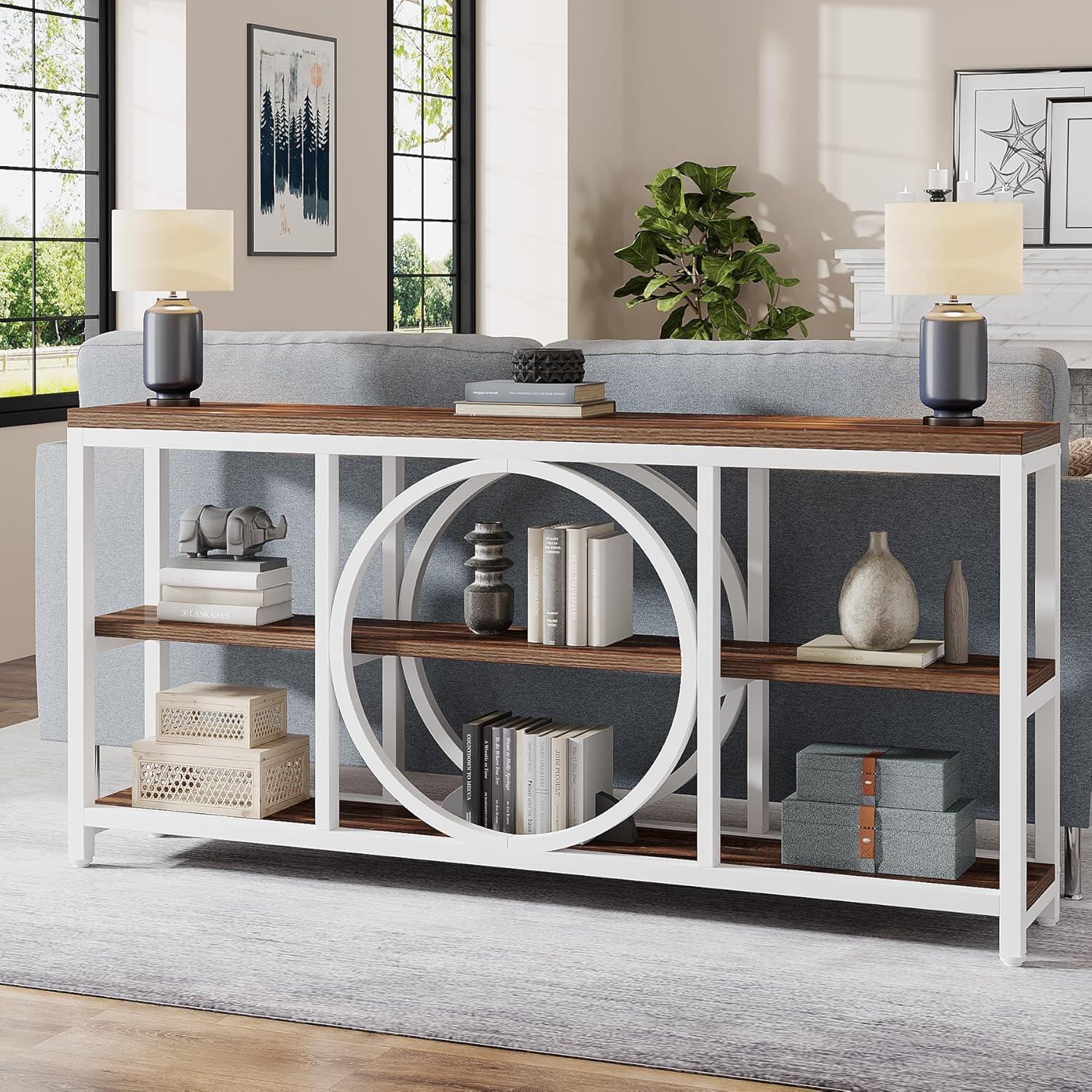 GVN Console Table, Entryway Table, 70.9" Console Table, Narrow Sofa Table with 3 Tier Storage Shelves,White & Walnut