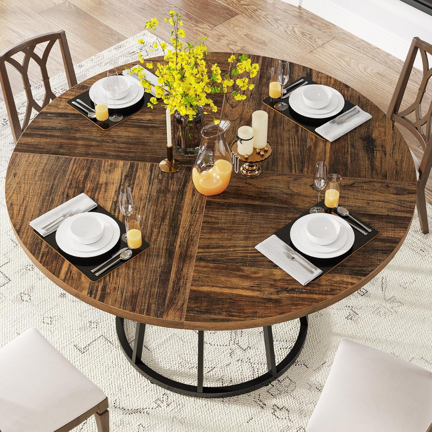 Tribesigns 47.2-Inch Round Dining Table for 4 People, Circle Dining Room Table with Metal Base