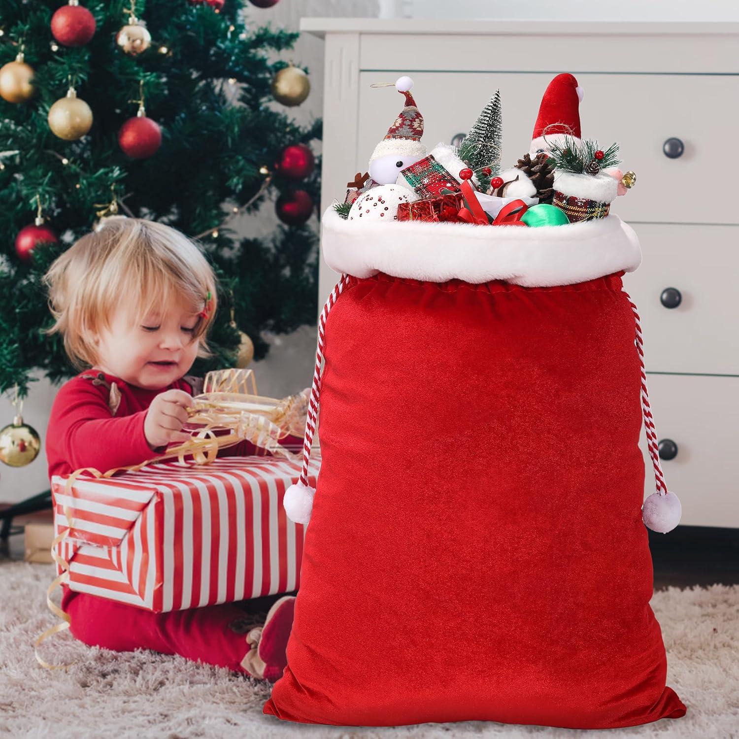 2 Pcs Christmas Velvet Bags with Drawstring Large Plush Santa Sack Christmas Gift Bags in 2 Size for Xmas Package Storage Bags