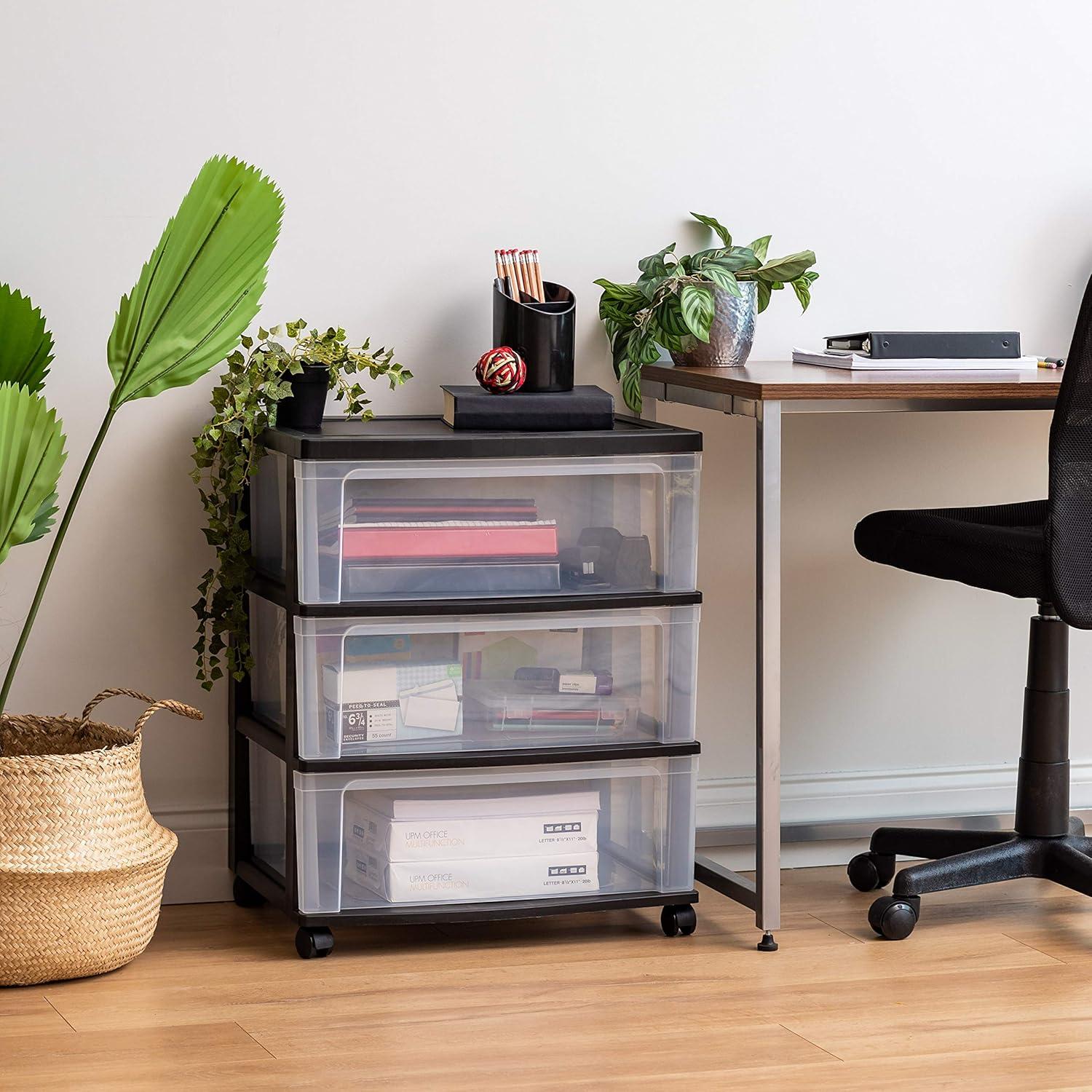 Black 3-Drawer Wide Plastic Storage Cart with Wheels