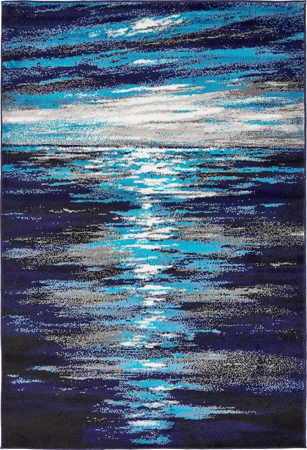Navy Blue Abstract Rectangular Synthetic Indoor Rug, 7x10 ft
