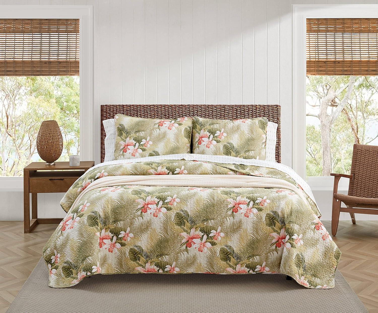 Tommy Bahama Tropical Orchid Green Cotton Reversible Quilt Set