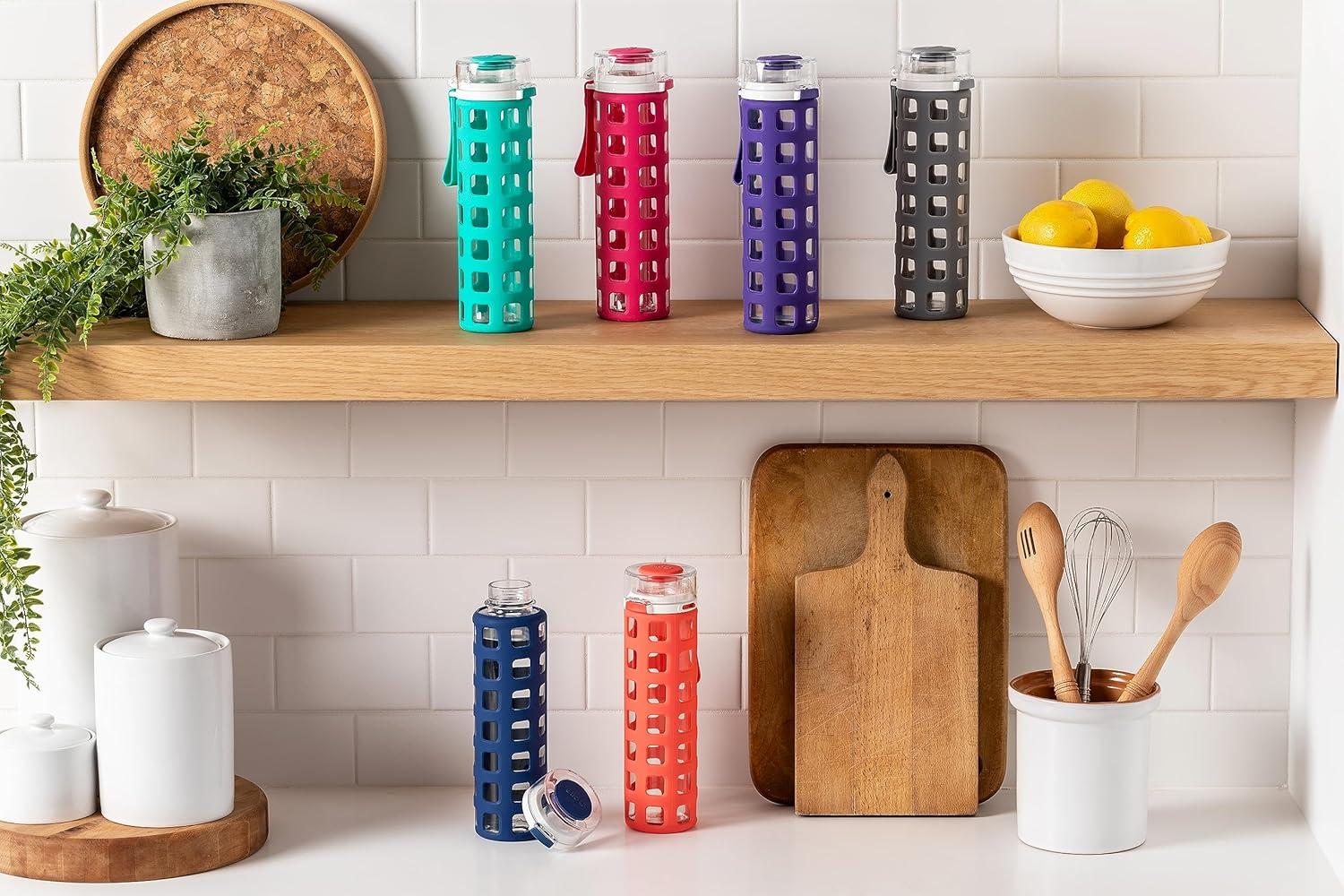 Ello Syndicate 20oz Reusable Glass Water Bottle with One-Touch Leak Proof Flip Lid and Protective Non-Slip Silicone Sleeve and Carry Loop for Coffee, Tea and Water, BPA-free Dishwasher Safe