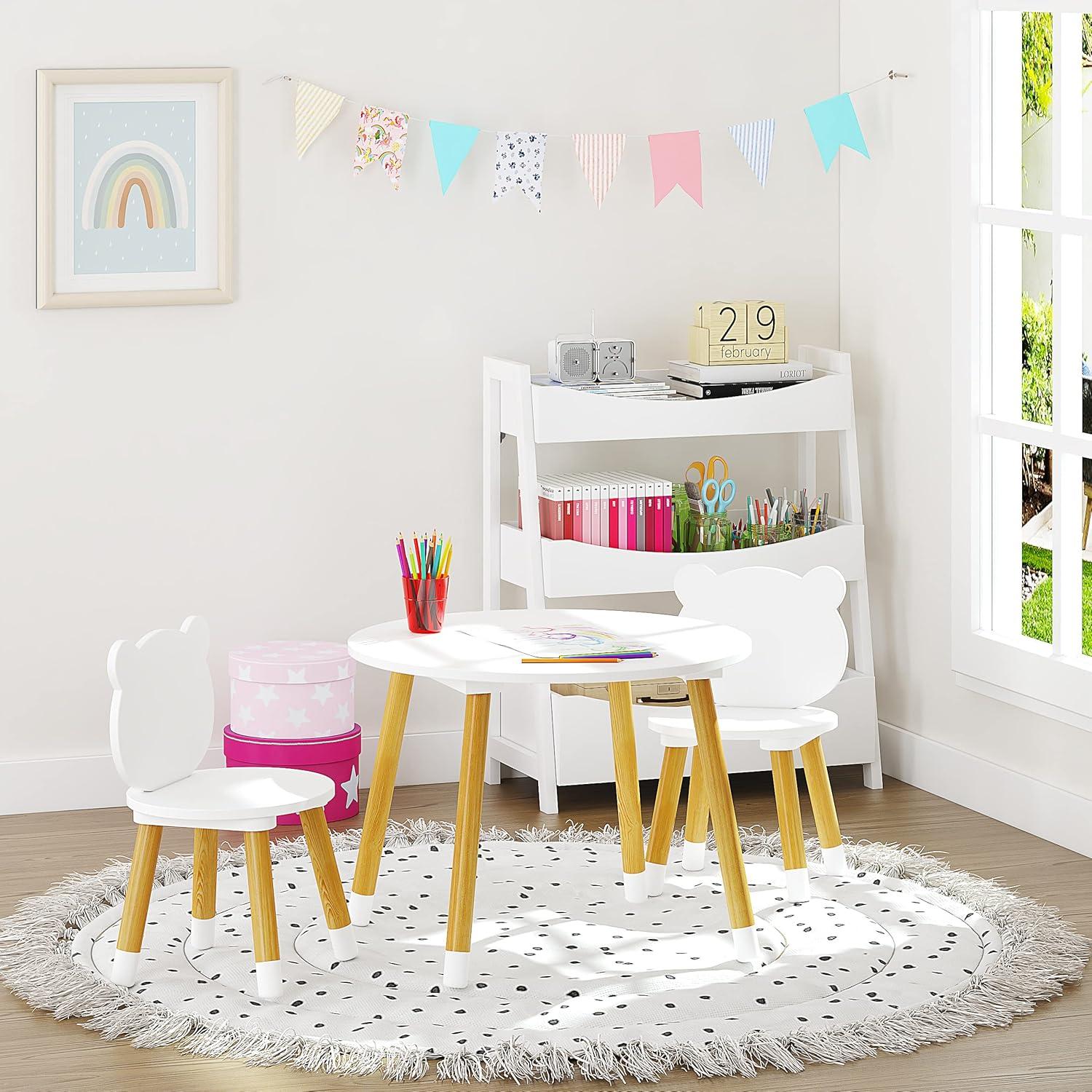 White and Natural Wood Kids Round Table with 2 Chairs