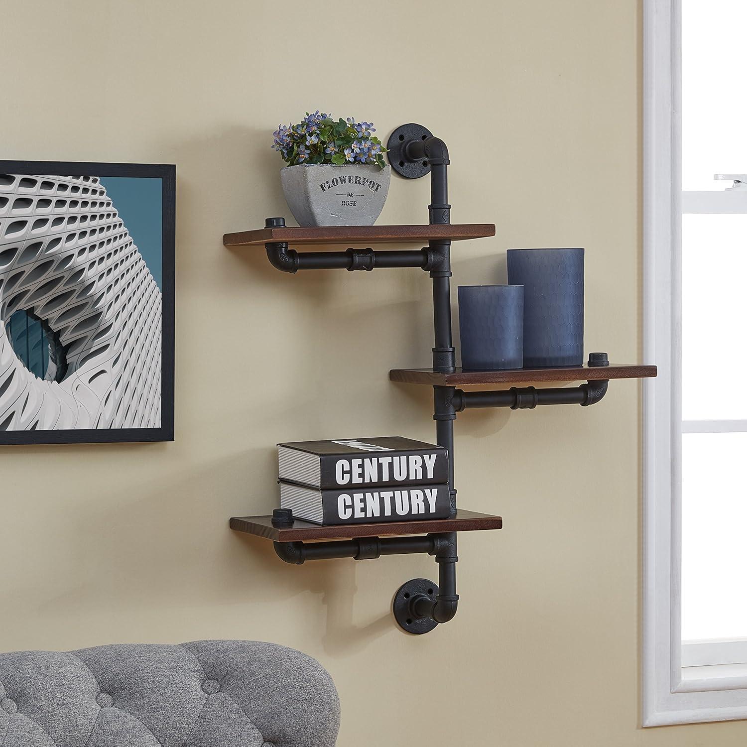 24" Black Iron and Wood 3-Tier Floating Wall Shelf