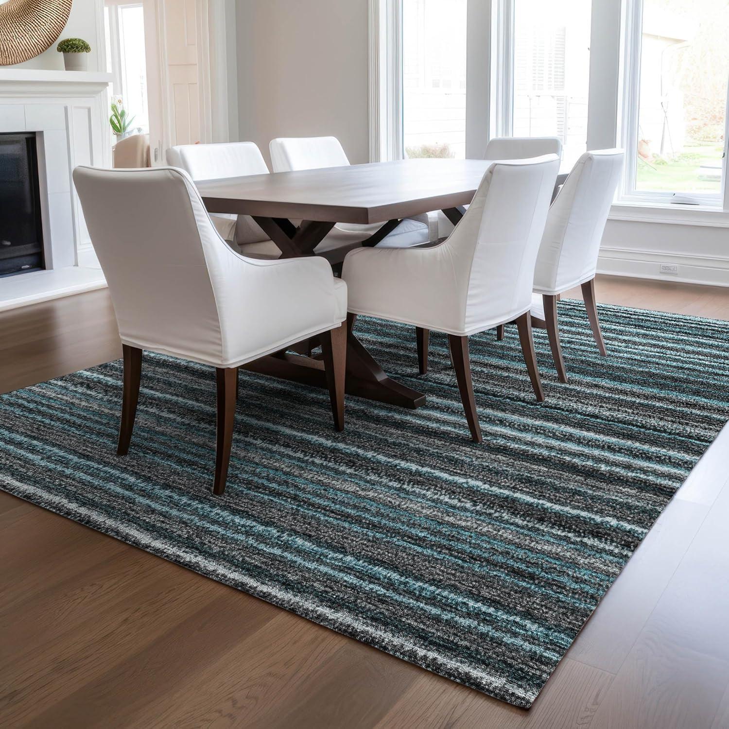 Teal and Gray Striped Synthetic 8' x 10' Washable Rug