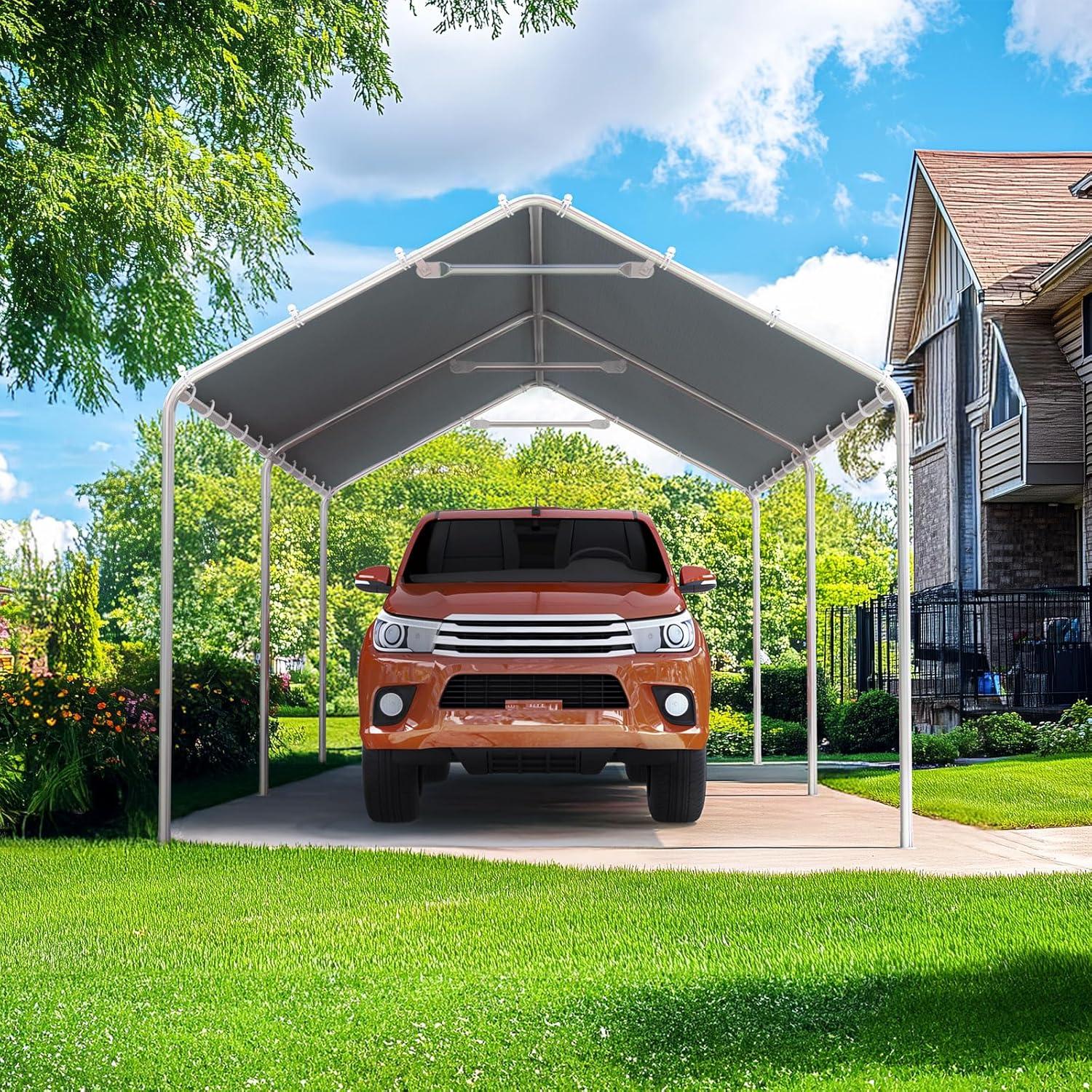 Quictent 10x20 ft Heavy Duty Carport Canopy Galvanized Car Tent Outdoor Garage Boat Shelter with Reinforced Structure, No Sidewall - Grey