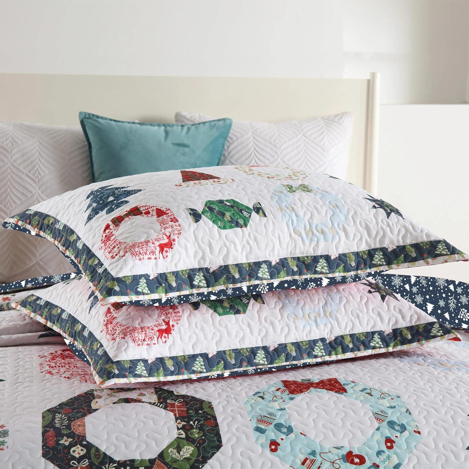 Blue Reversible Queen Christmas Quilt Bedspread Set