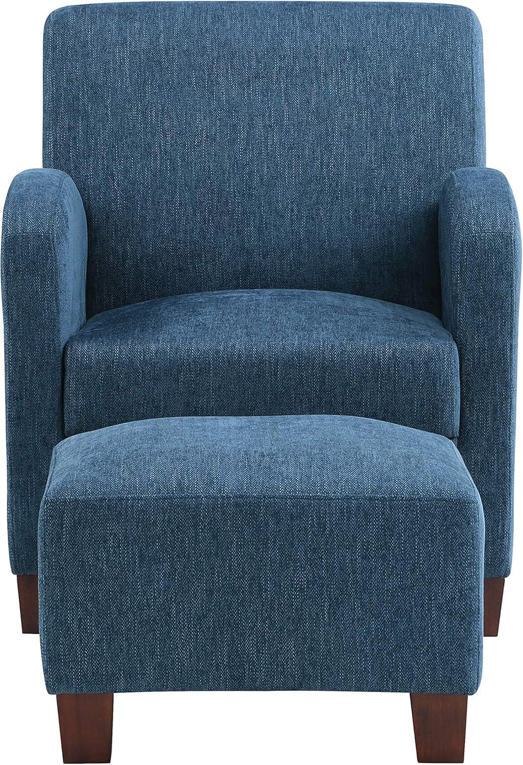 Navy Herringbone Faux Leather Accent Chair with Ottoman