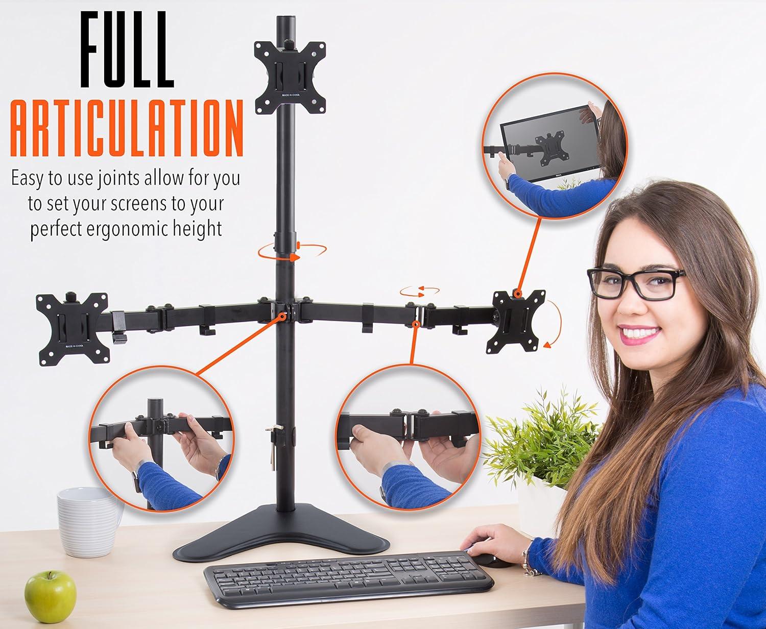 Triple Monitor Mount – Freestanding Monitor Arm with 3 Adjustable VESA Mounts – Black – Stand Steady