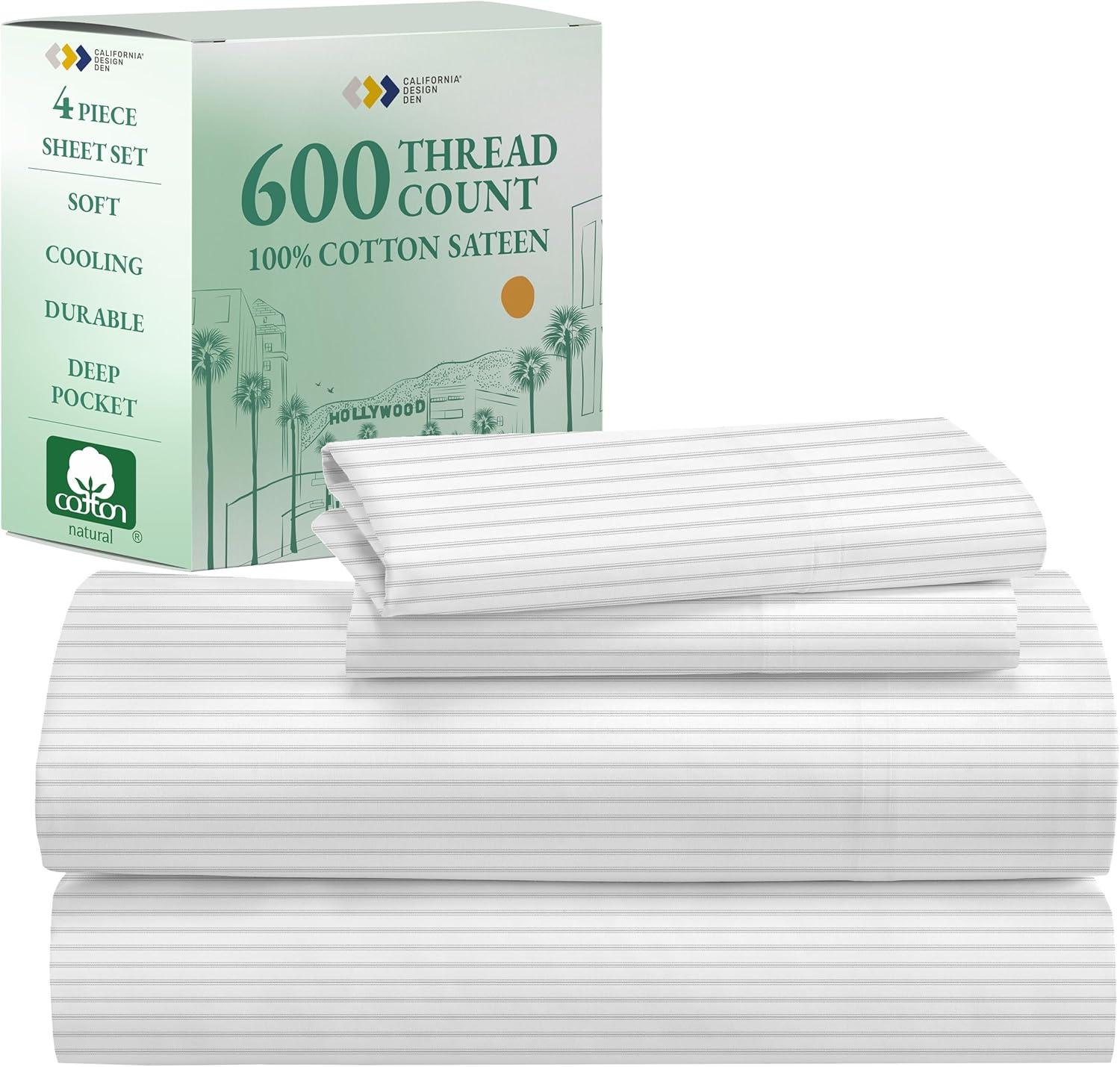 California King White Ticking Stripe Cotton Sheet Set