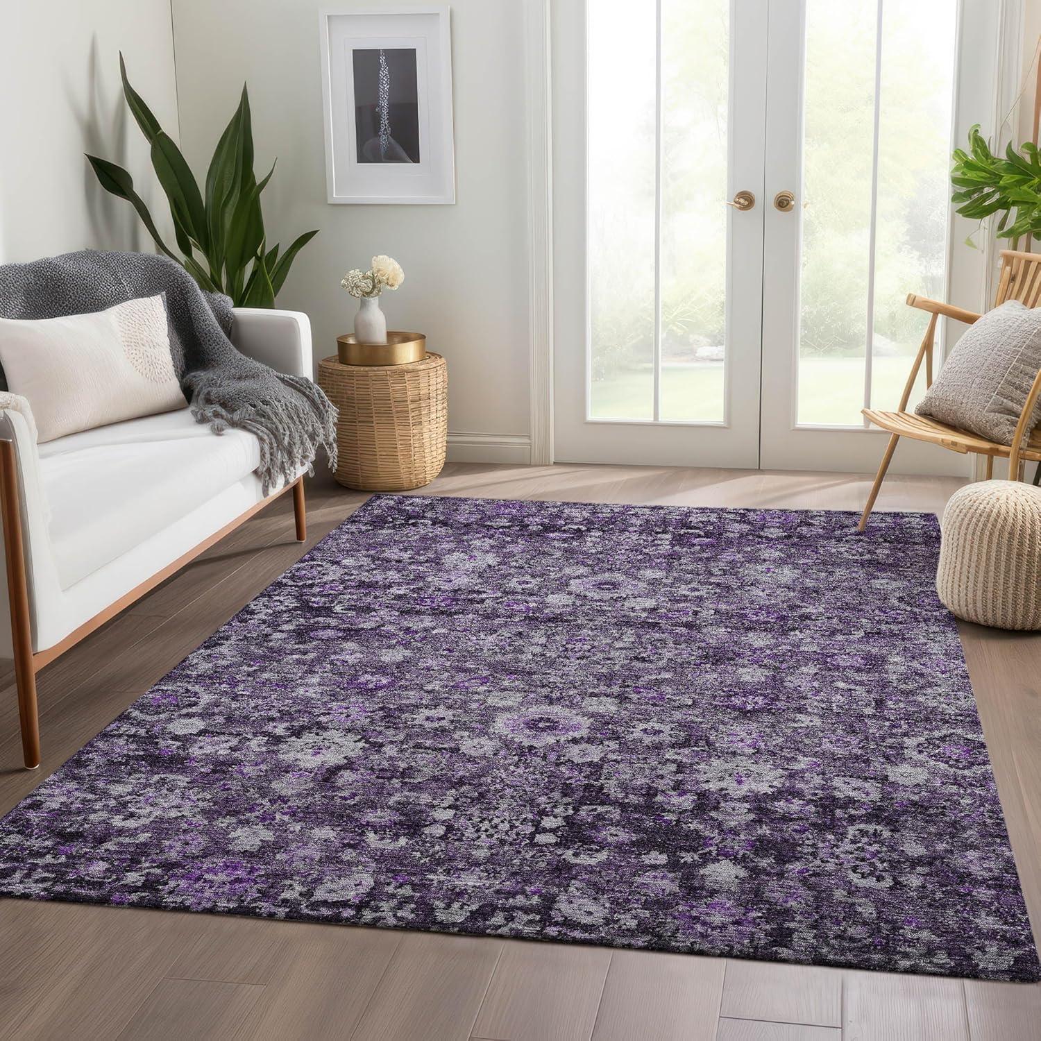 Purple Rectangular Machine-Washable Synthetic Area Rug