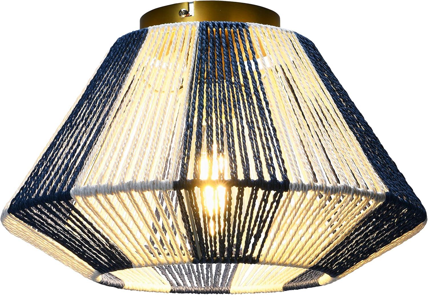 Creative Co-Op Flush Mount Ceiling Light with Woven Paper Rope Shade, Navy and White