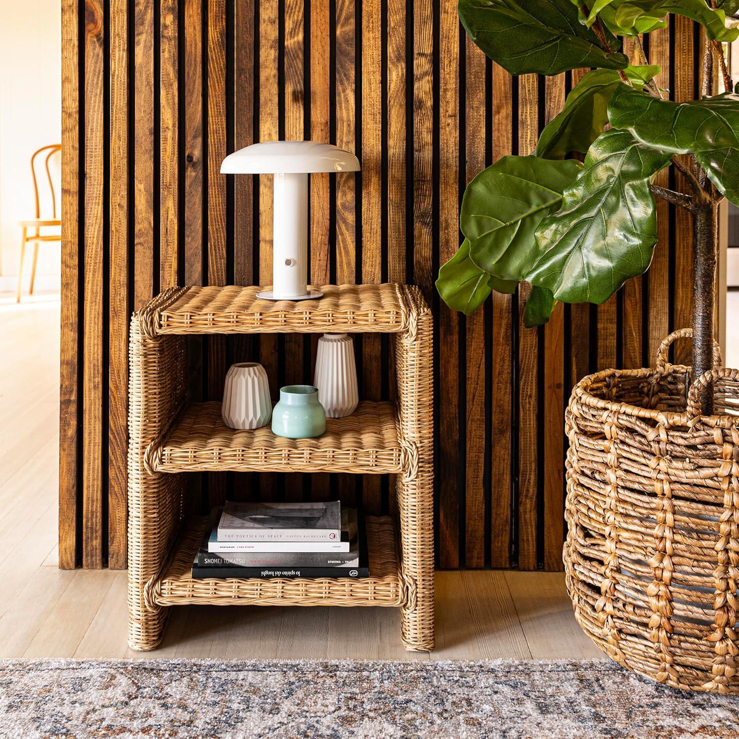 JONATHAN Y Praerie 22" Coastal Bohemian Rattan/Wood 3 Tier End Table, Natural