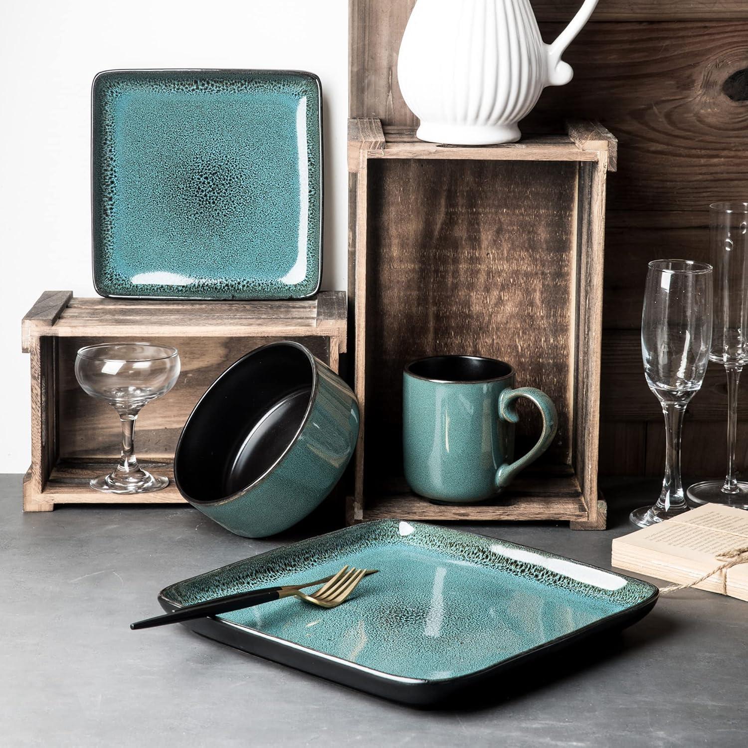 Flackar Turquoise Glossy Ceramic Square Dinnerware Set for 4