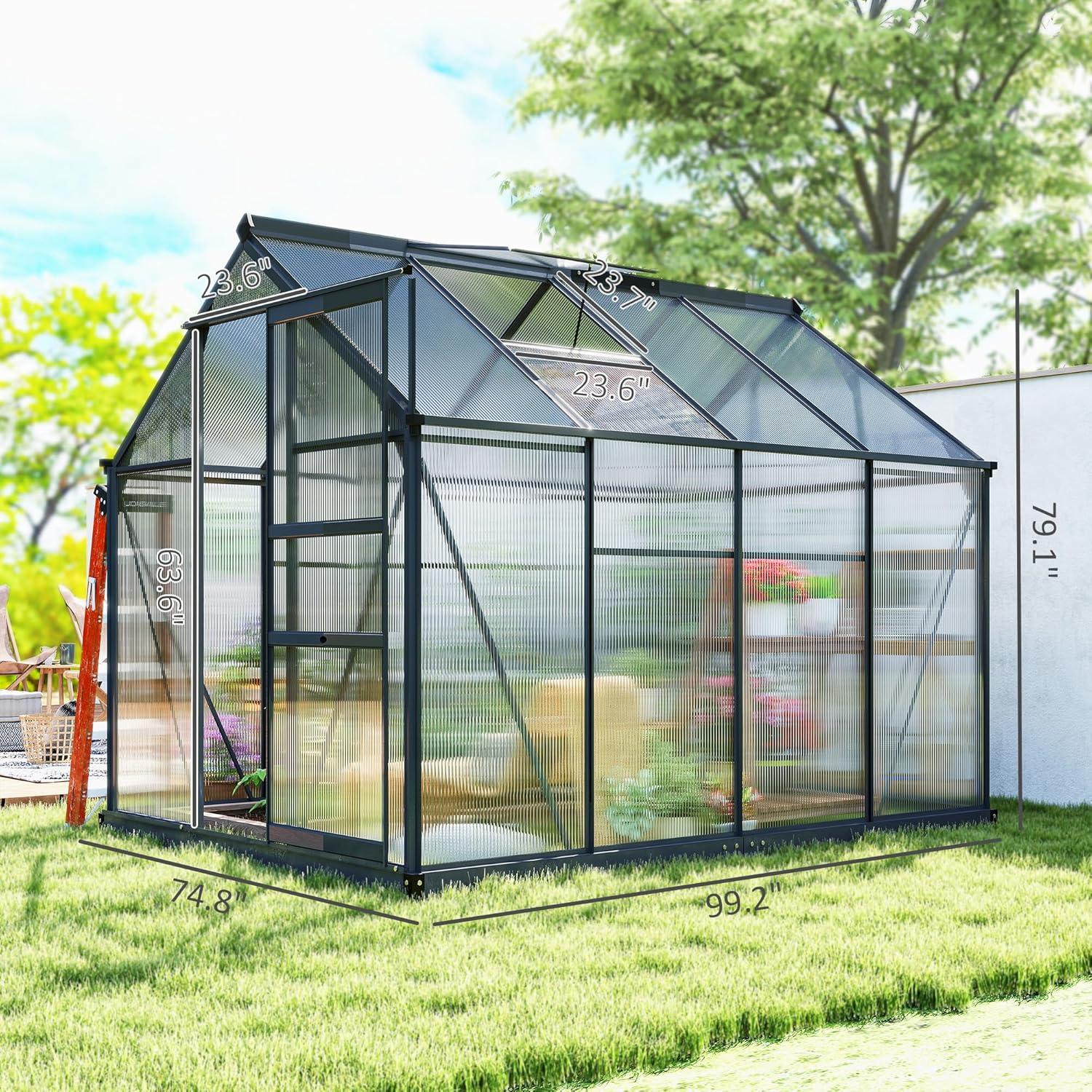 Outsunny 6' x 8' Greenhouse for Outdoors, Polycarbonate Greenhouse with Rain Gutter and Roof Vent, Aluminum Walk-in Green Houses for Outside for Patio Backyard Garden, Gray