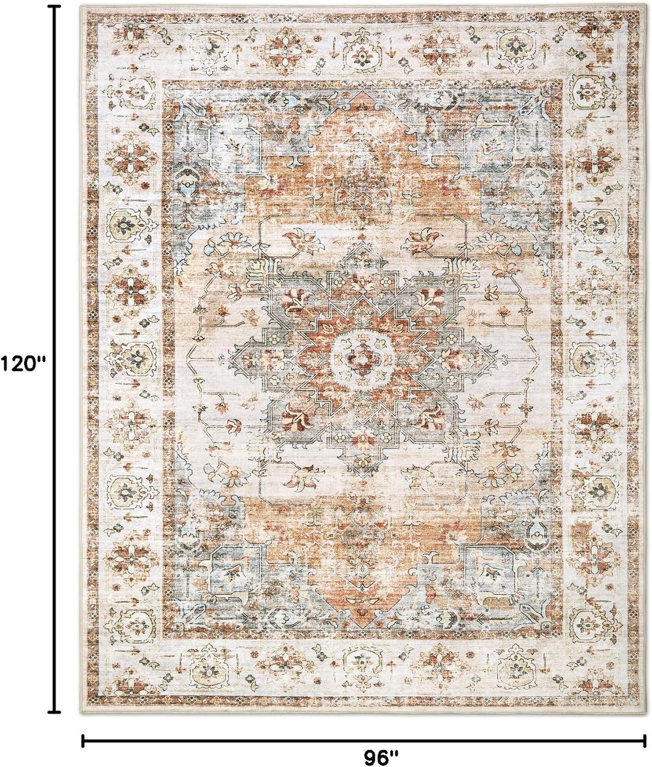 GlowSol 8x10 Floral Area Rug for Living Room Bedroom Retro Distressed Area Rug Traditional Medallion Non-Slip Low Pile Carpet Floor Decoration, Blue