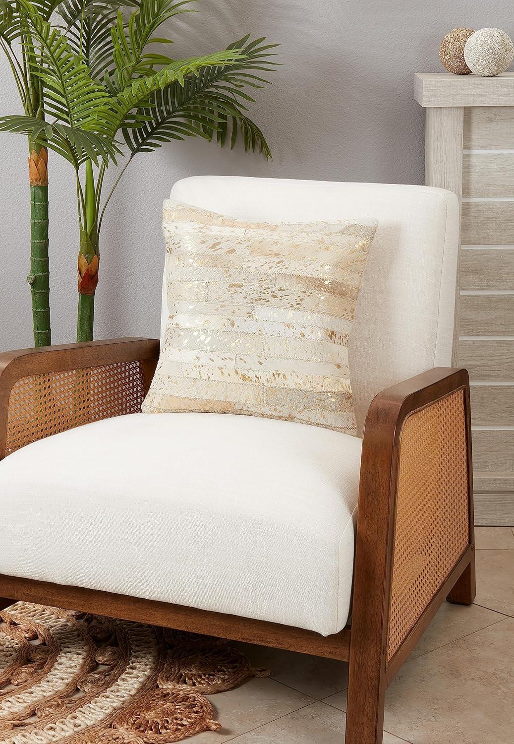 16"x16" Luxurious Hair on Leather Square Throw Pillow Cover Ivory - Saro Lifestyle: Genuine Leather, Rustic Elegance, Zippered