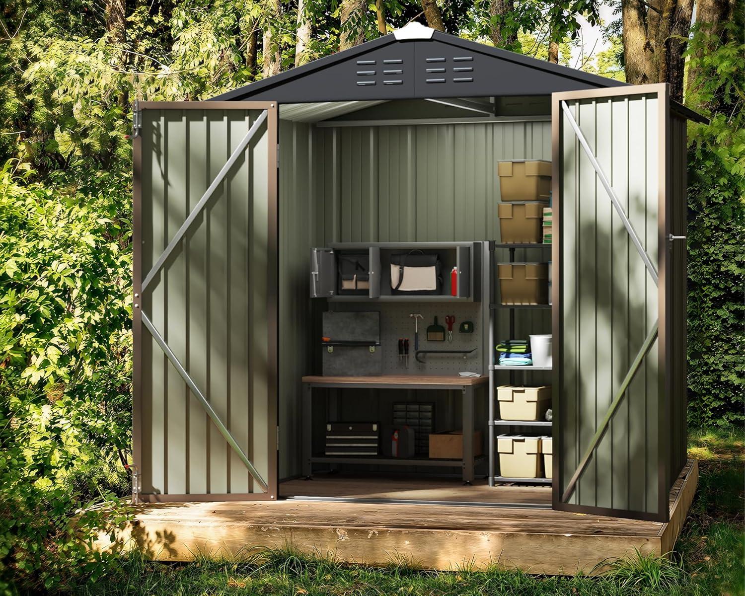 Brown 6 x 4 ft Metal Outdoor Storage Shed with Sliding Doors