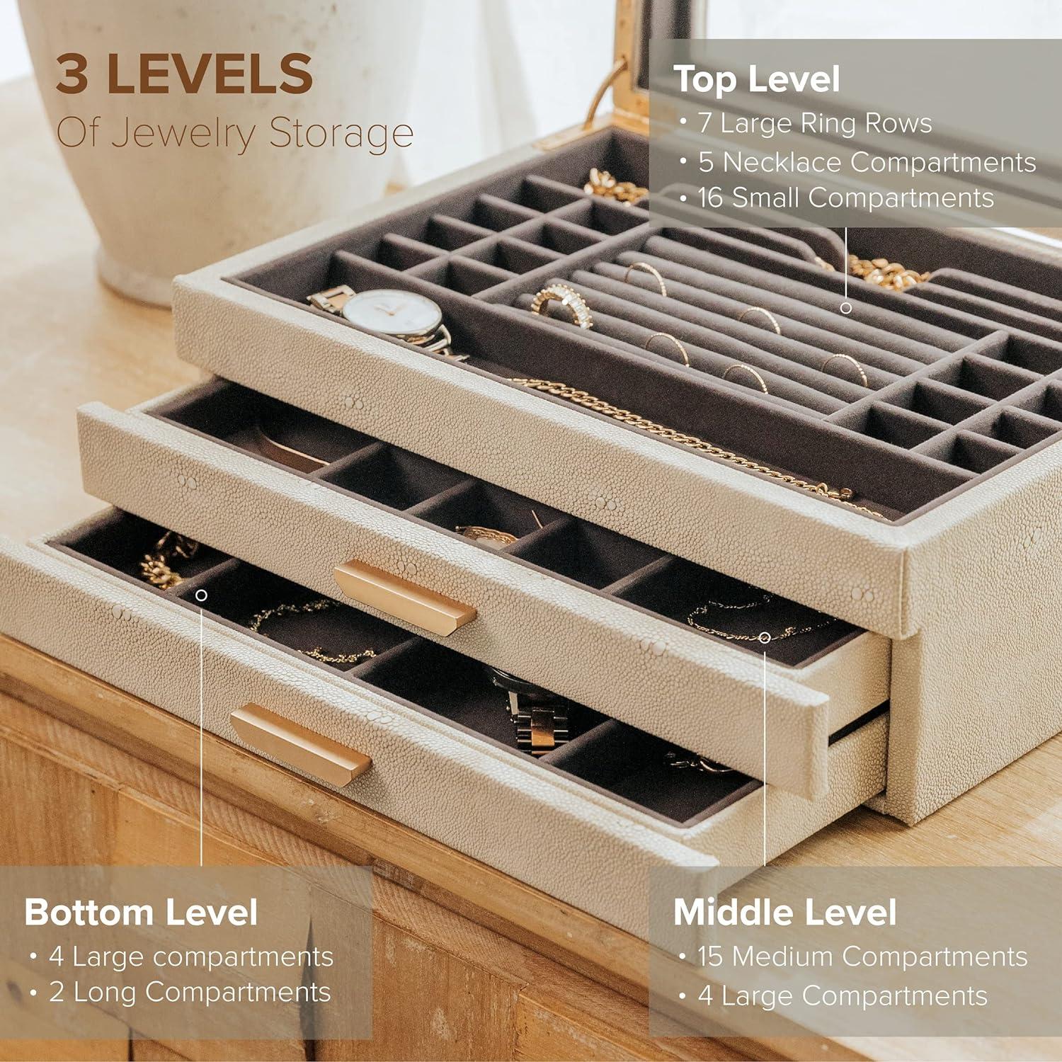 Large 3 Tier Jewelry Box, Storage Case Organizer for Women, Shagreen Vegan Leather by Case Elegance