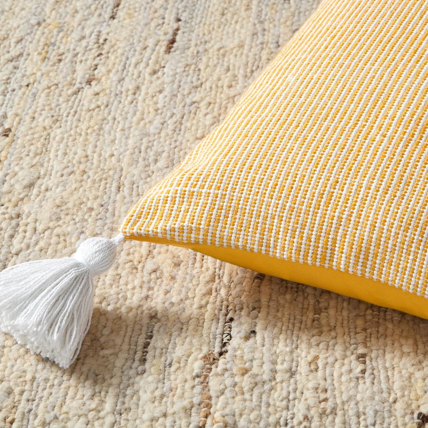 Yellow and Ivory Recycled Polyester Outdoor Pillow with Tassels