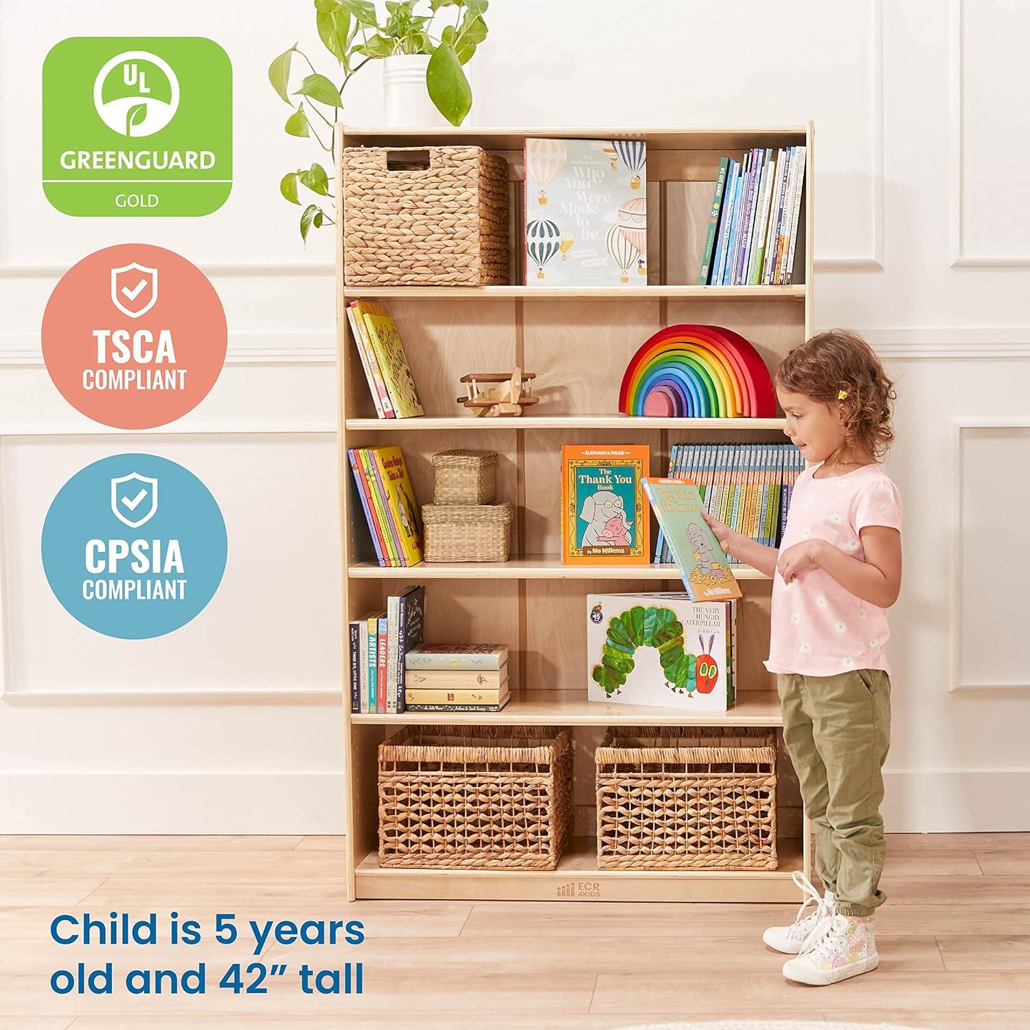 Adjustable Classic Birch Bookcase for Kids, 60in, Natural Brown