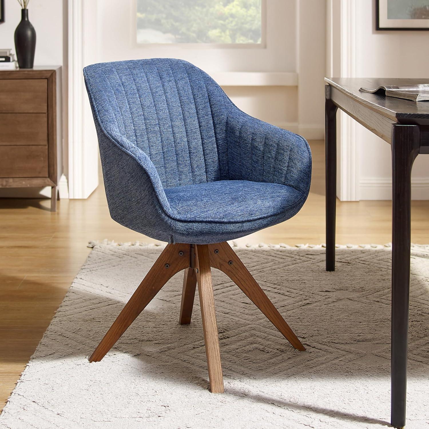 Art Leon Desk Chair - Mid Century Modern Office Chair No Wheels, Swivel Accent Chair with Oak Wood Legs, Fabric Upholstered Arm Chair, Blue