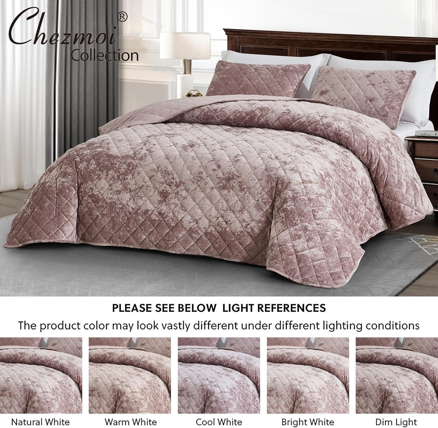 Luxurious Dusty Pink Velvet King Quilt Set with Reversible Microfiber