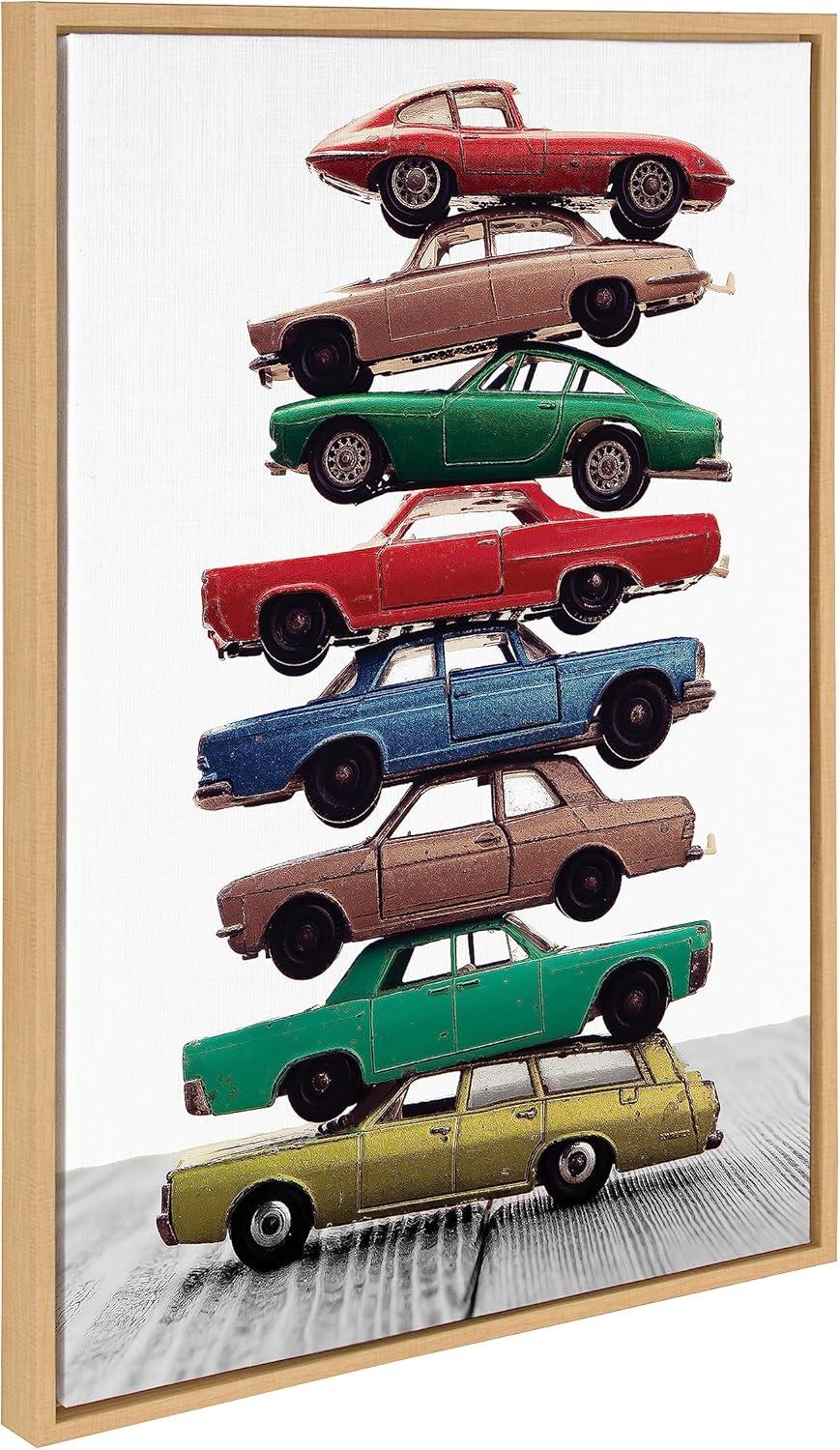 Kate and Laurel Sylvie Stacked Cars Vertical Framed Canvas Wall Art by Saint and Sailor Studios, 23x33 Natural, Modern Colorful Car Toys Art for Wall