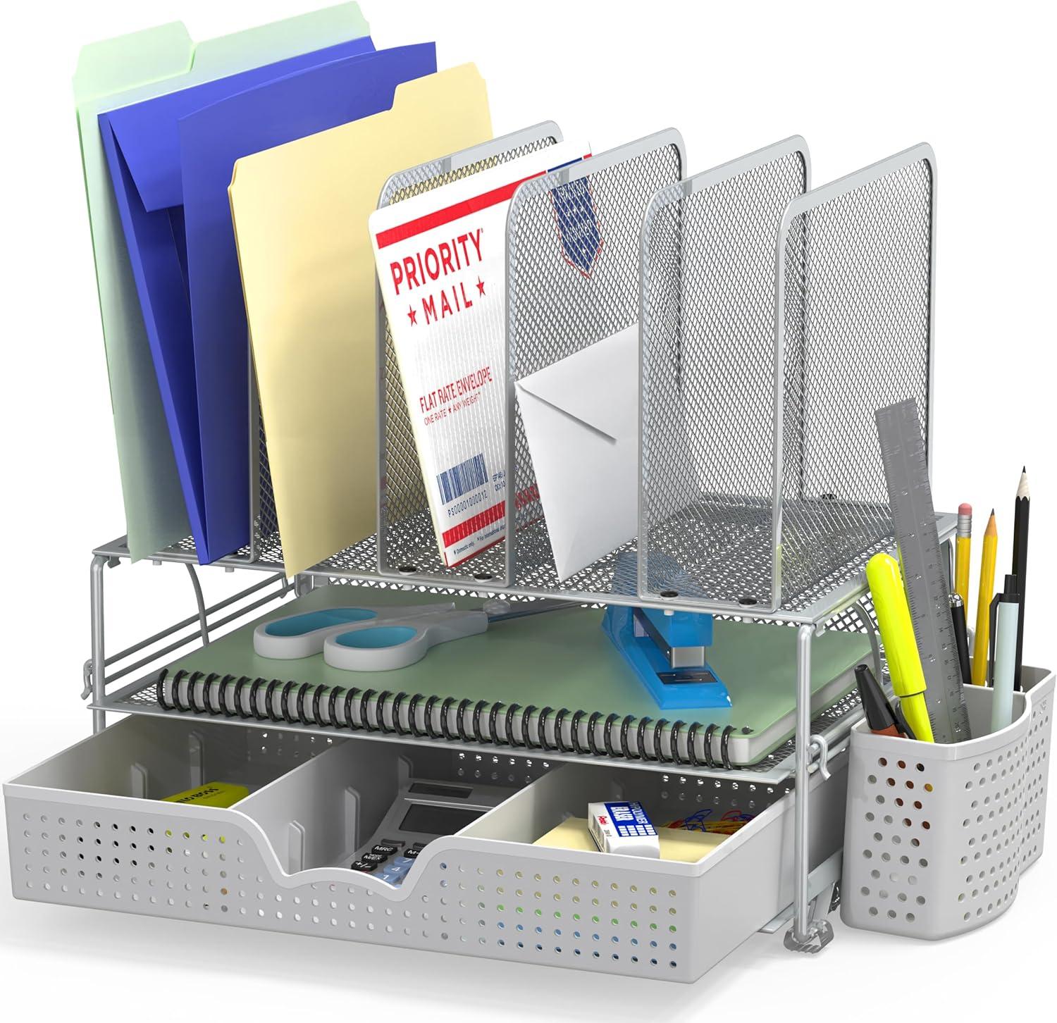 Silver Mesh Desk Organizer with Sliding Drawer and Trays