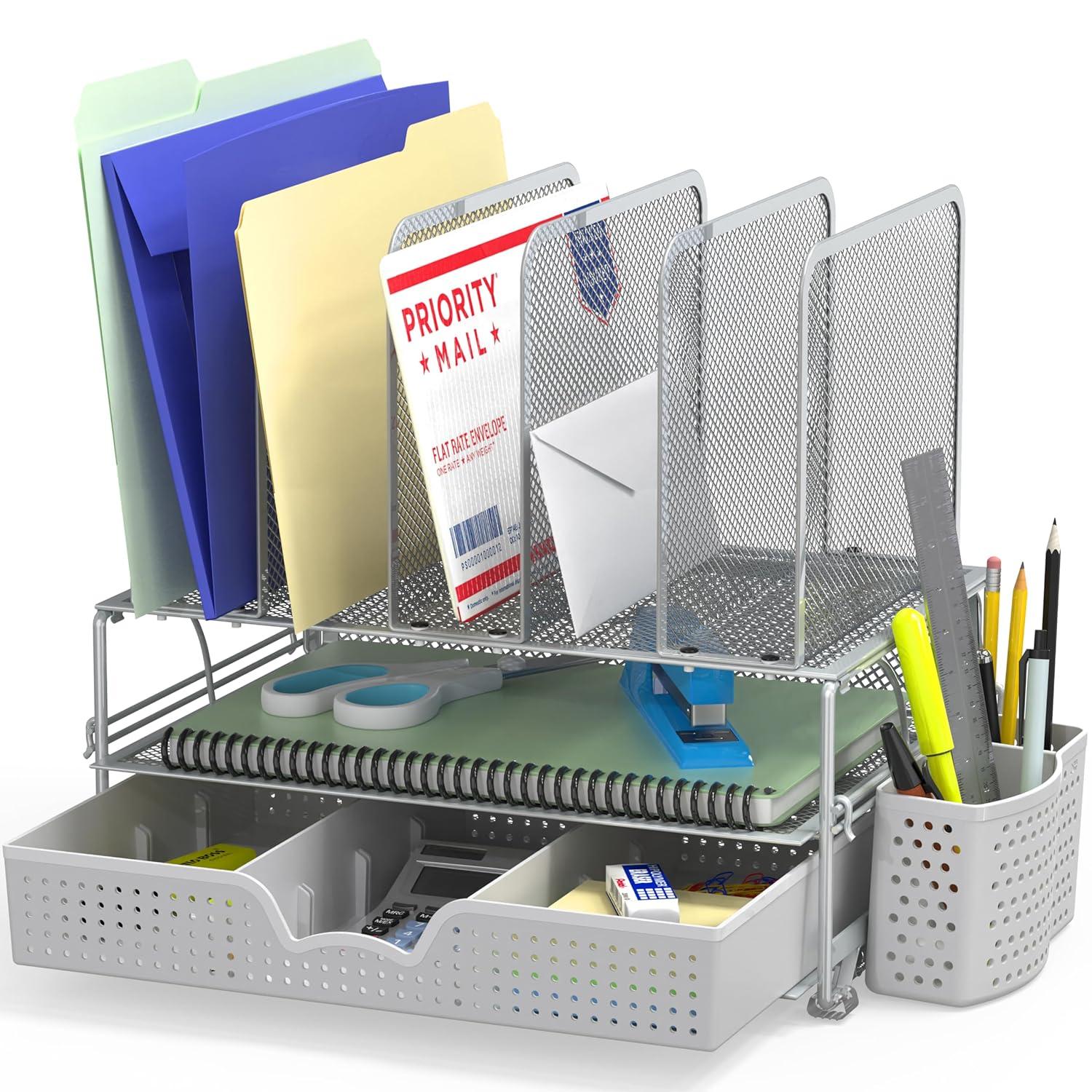 Simple Houseware Mesh Desk Organizer with Sliding Drawer, Double Tray and 5 Upright Sections, Silver